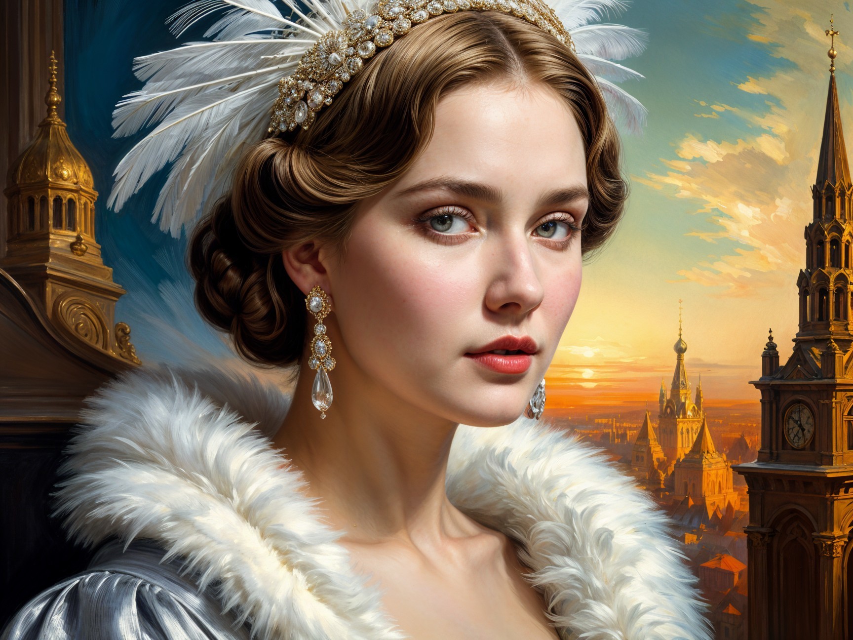 Elegant woman in feathered headpiece at sunset cityscape