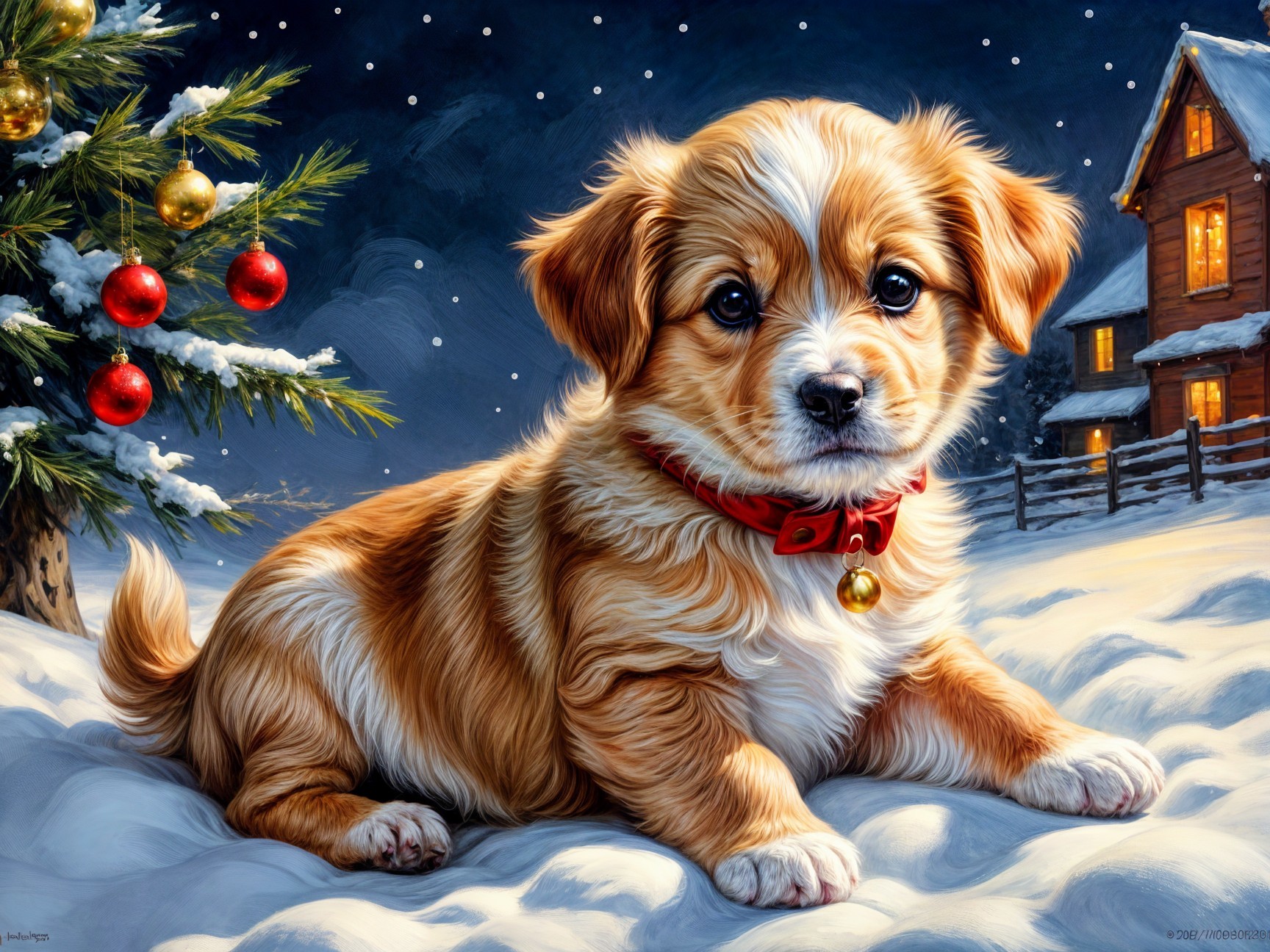 Fluffy Puppy in Snowy Christmas Landscape Scene