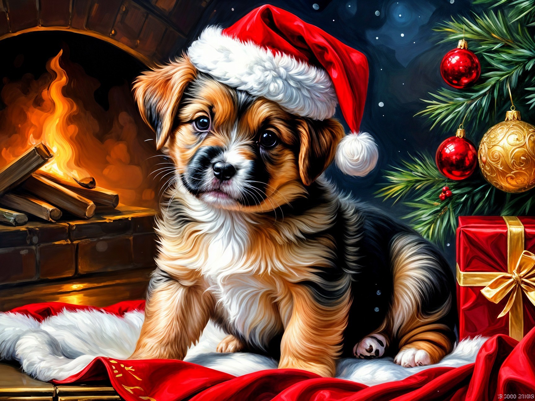 Puppy in Santa Hat Surrounded by Holiday Decor