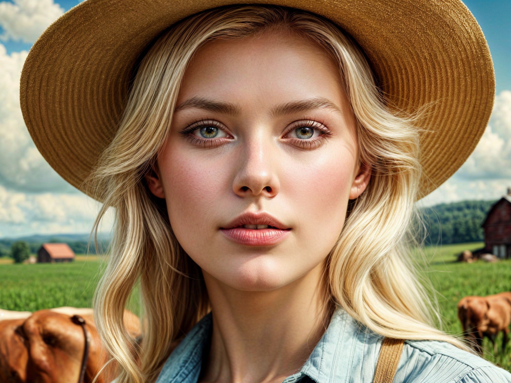 Young woman in straw hat in a green field setting