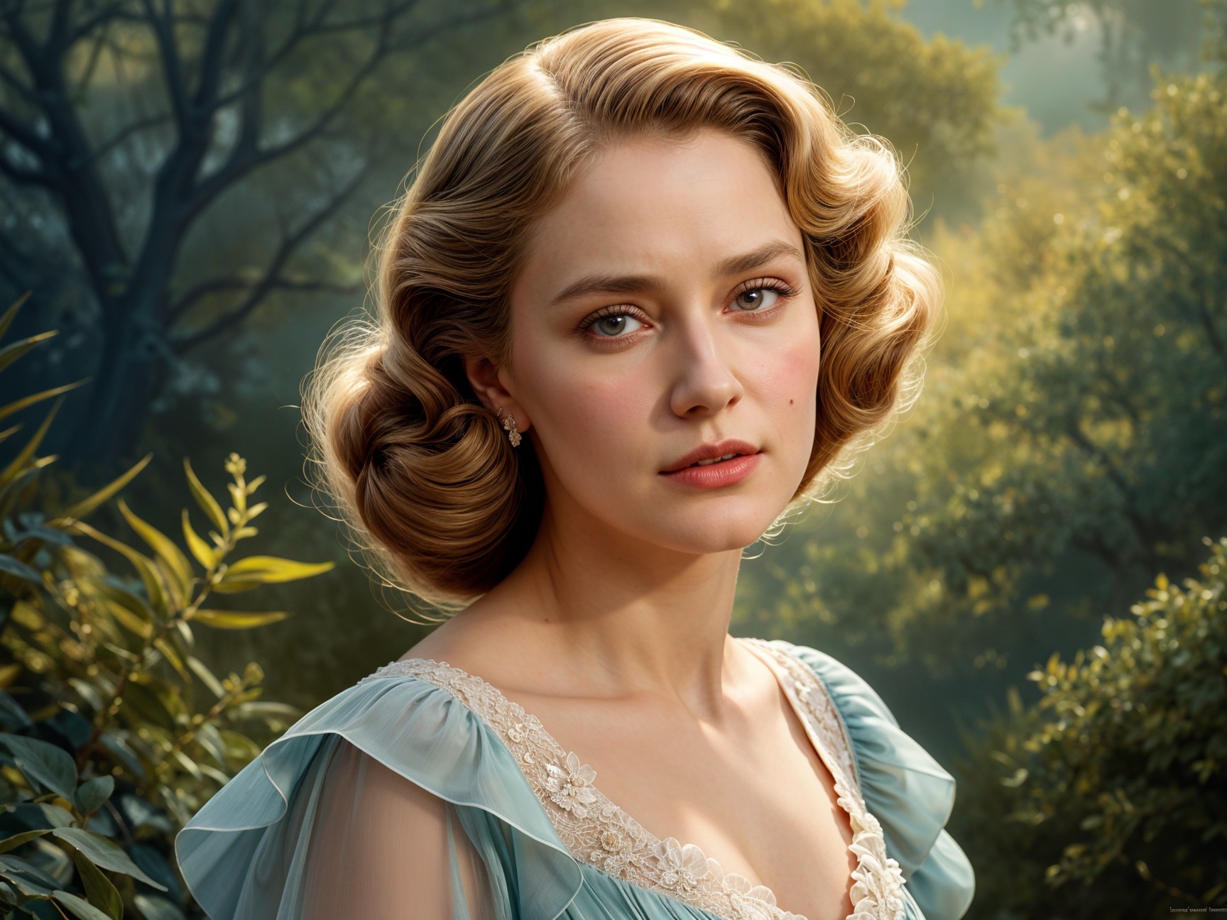 Young woman in blue dress in a forest setting