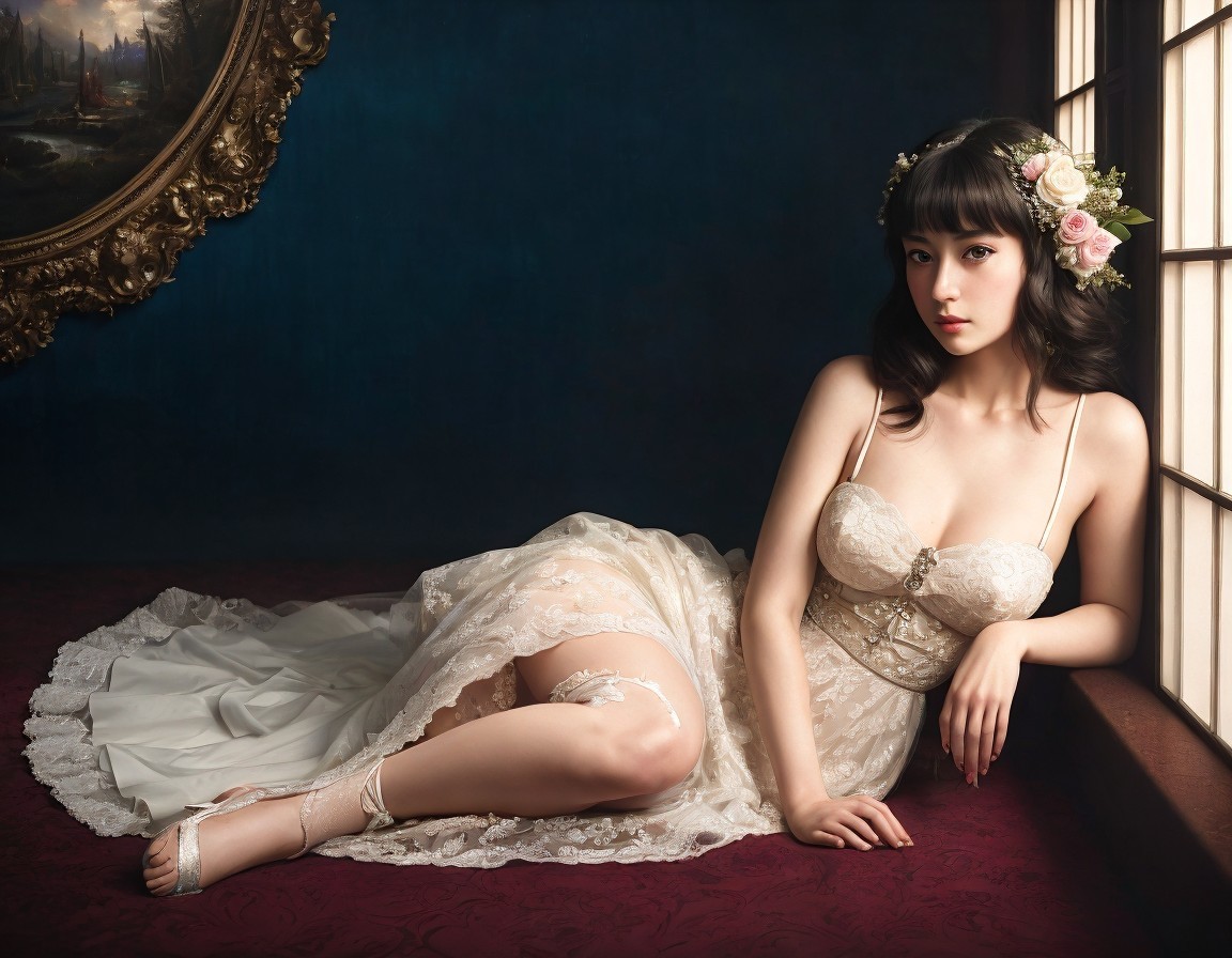 Woman in white lace dress beside ornate mirror and painting