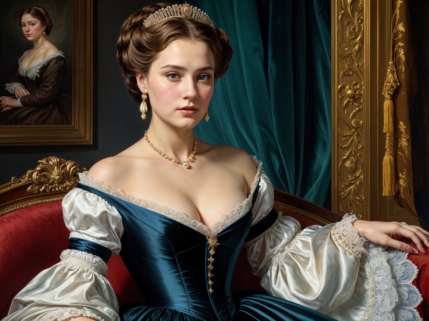 Young Woman in Elegant Blue Gown and Tiara