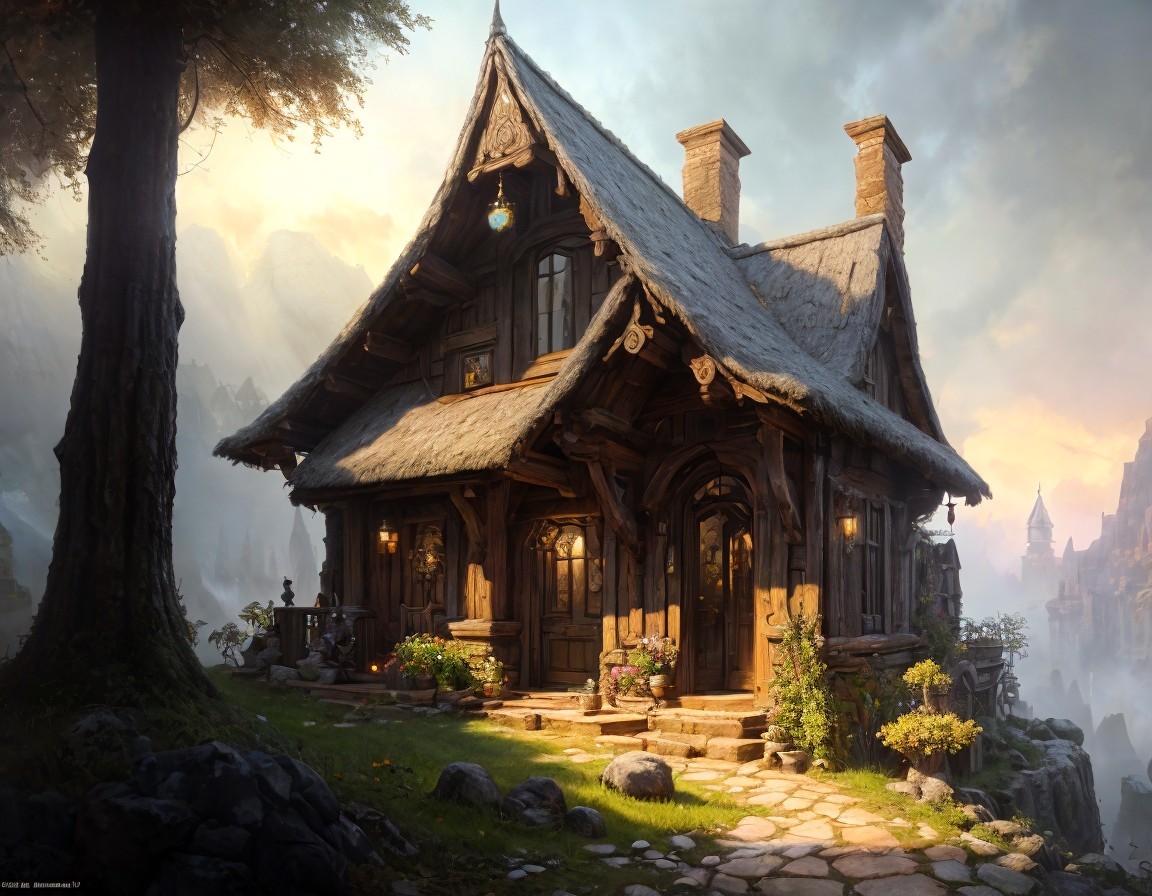 Wooden Cottage with Thatched Roof in Misty Forest