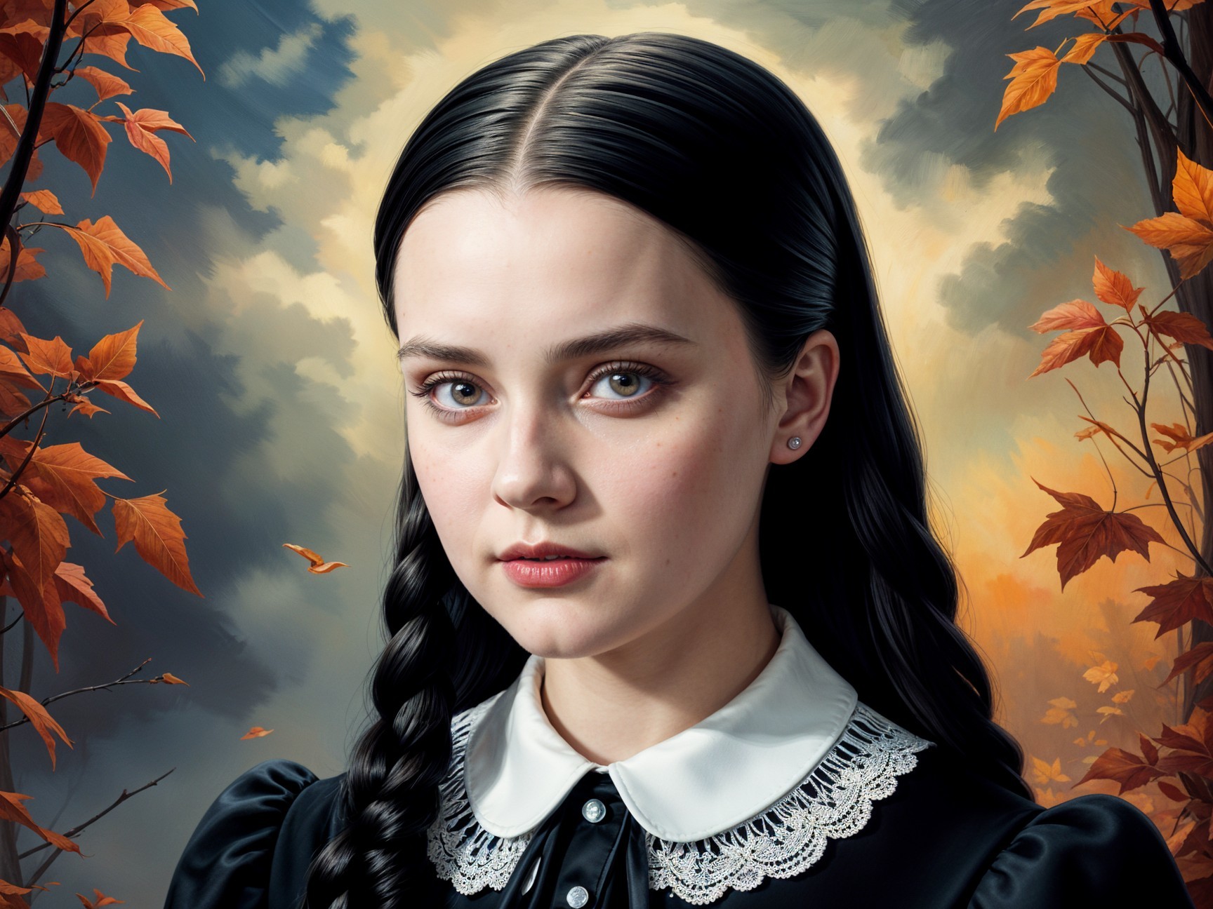 Young girl in vintage dress with autumn backdrop