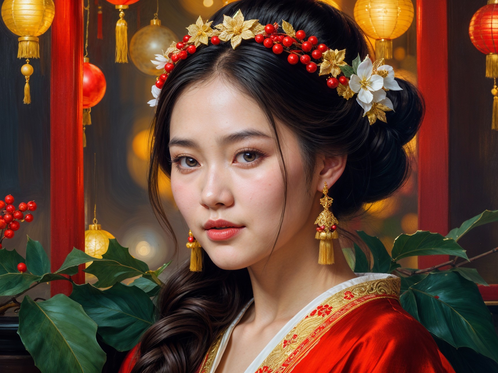 Young Woman in Red Robe Surrounded by Lanterns