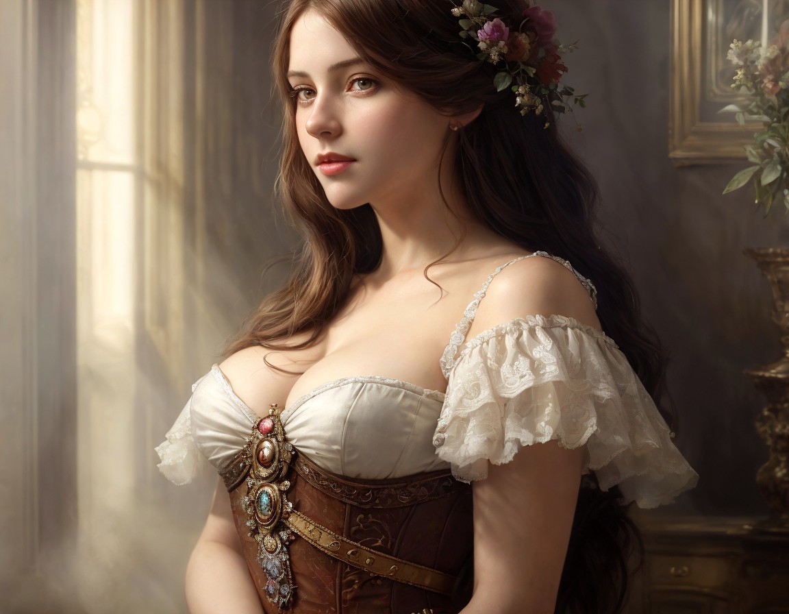 Young woman in flower crown and Renaissance dress with jeweled corset gazes softly.
