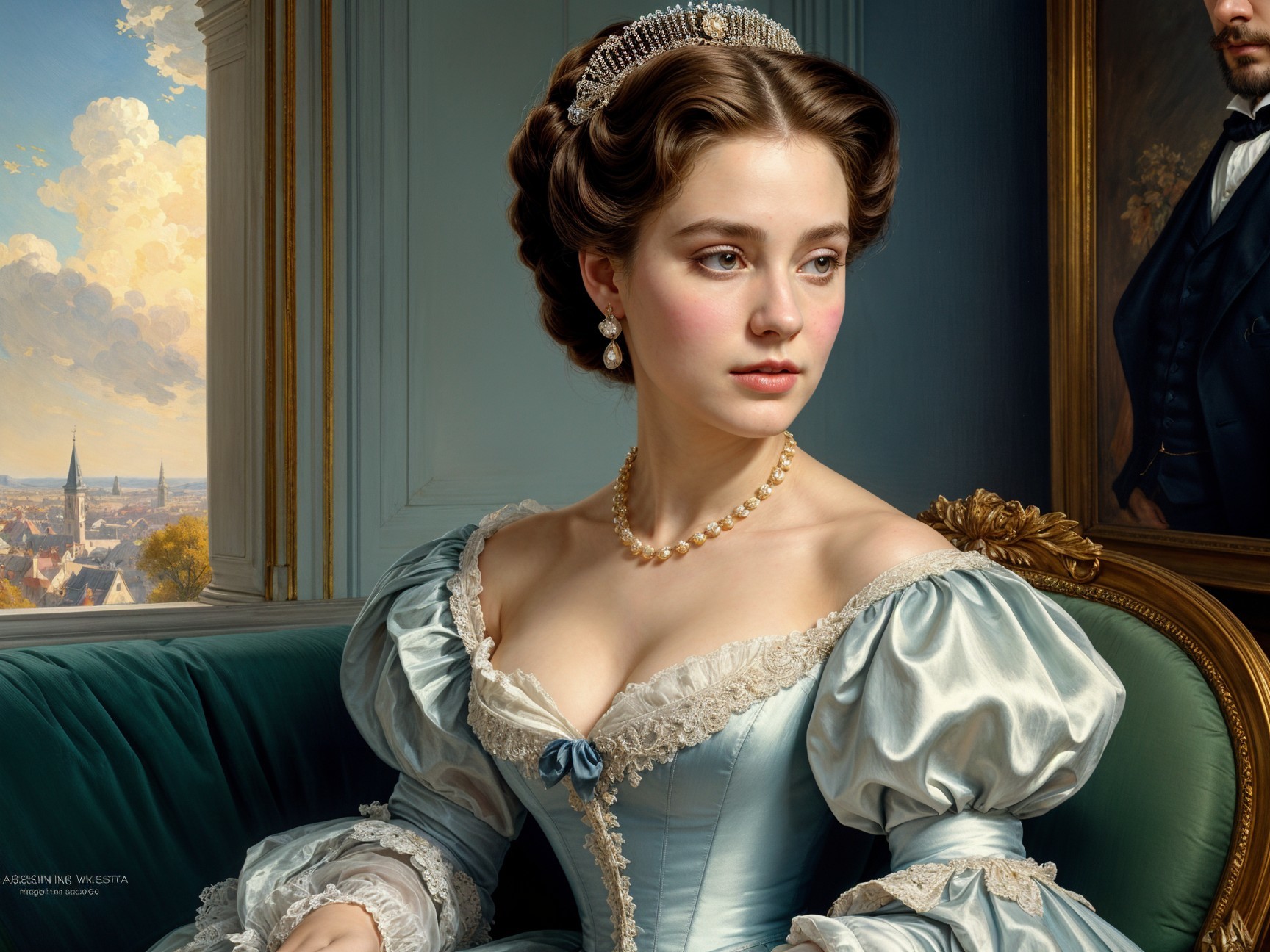 Young woman in light blue gown with lace details