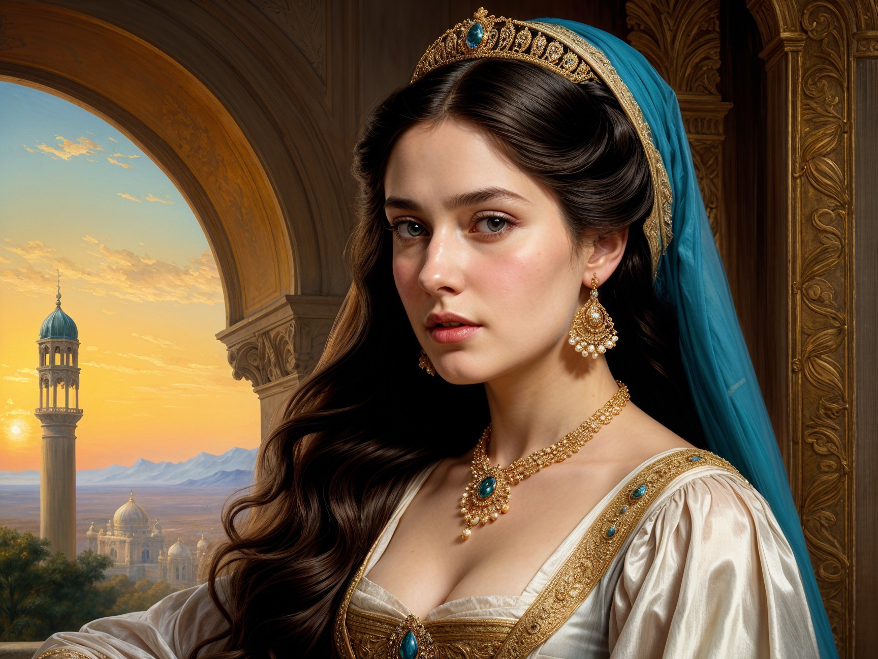 Regal woman in elegant gown against sunset landscape