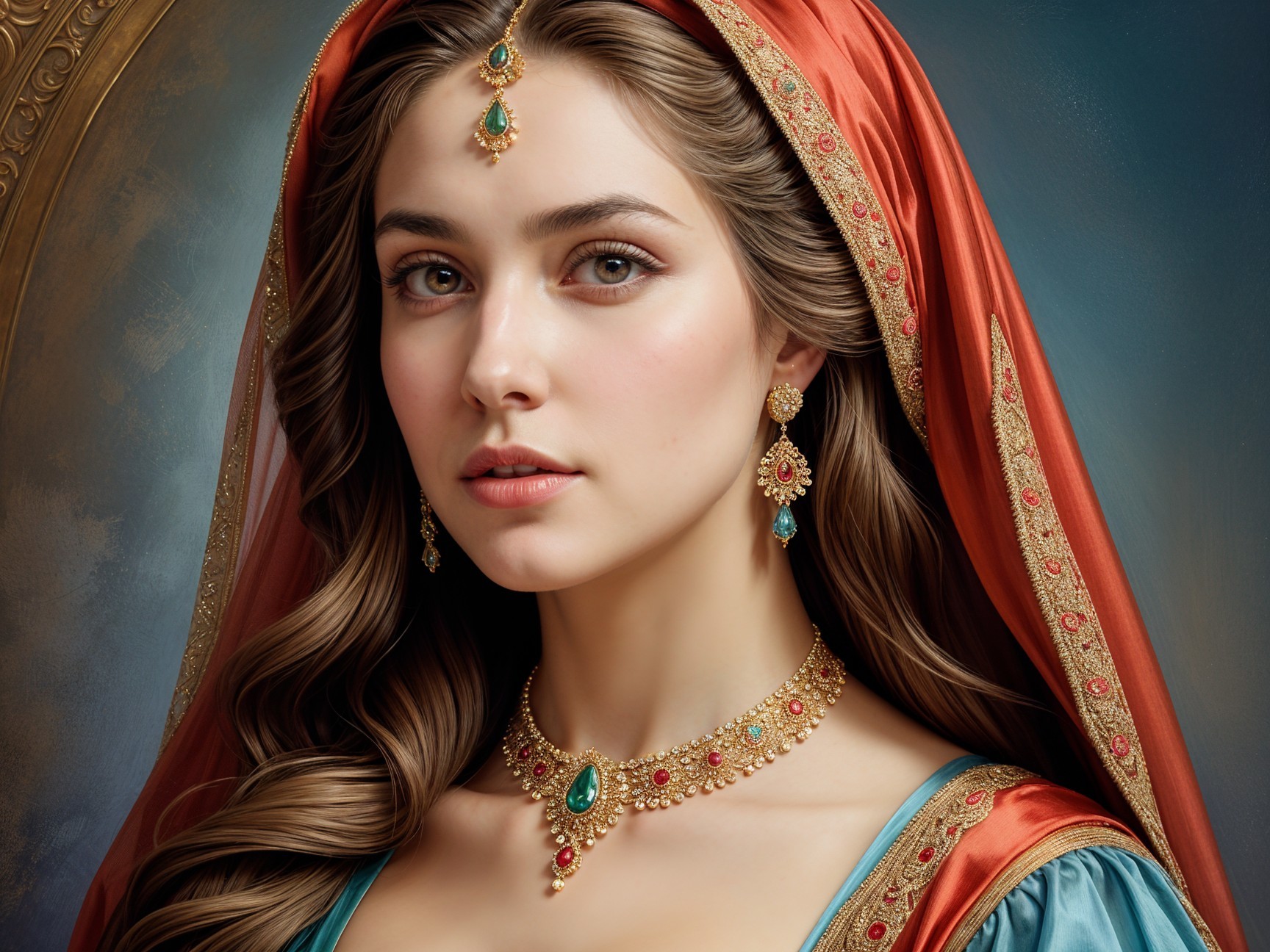 Woman in Historical Attire with Intricate Jewelry