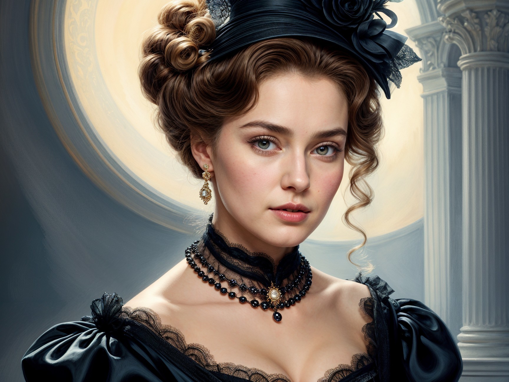 Young Woman in Vintage Elegant Attire with Lace Details