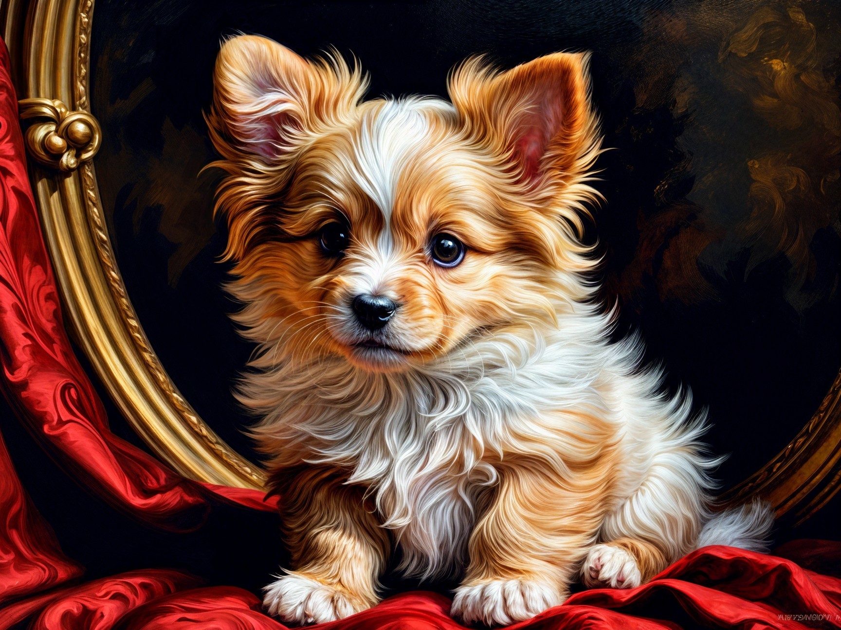 Fluffy Golden and White Puppy on Red Fabric