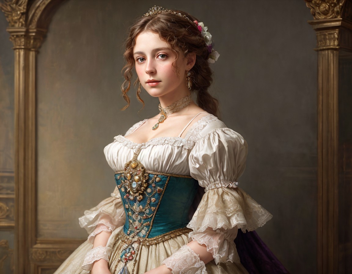 Historical woman in jeweled corset and flowers, pensive pose.