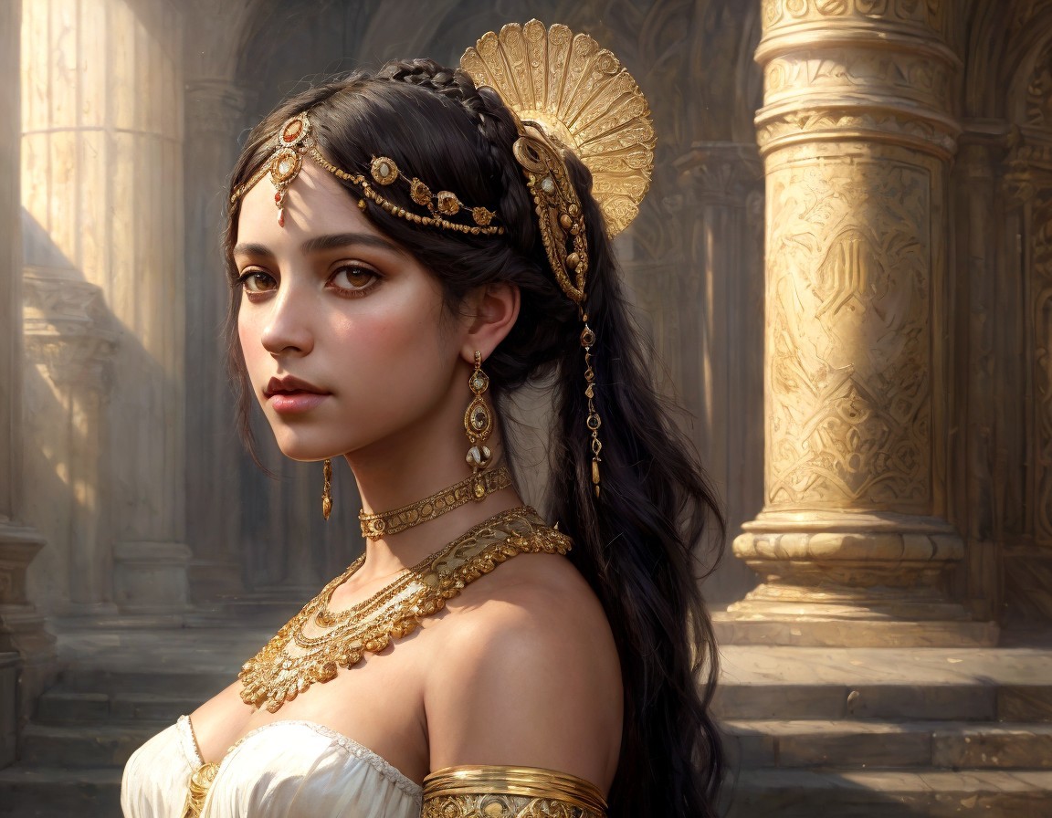 Elegant woman with dark hair and gold jewelry