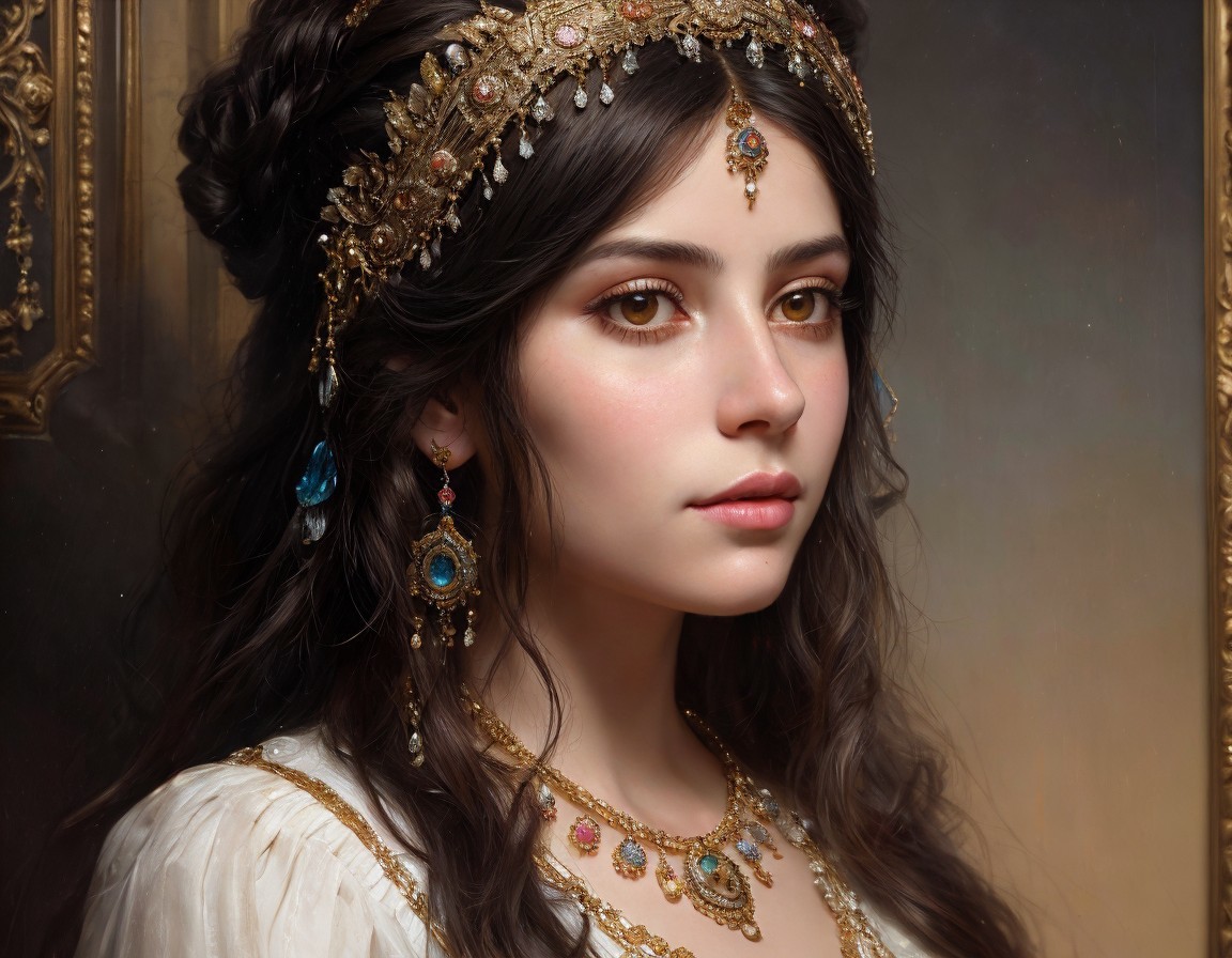 Young woman with golden headpiece and elegant attire