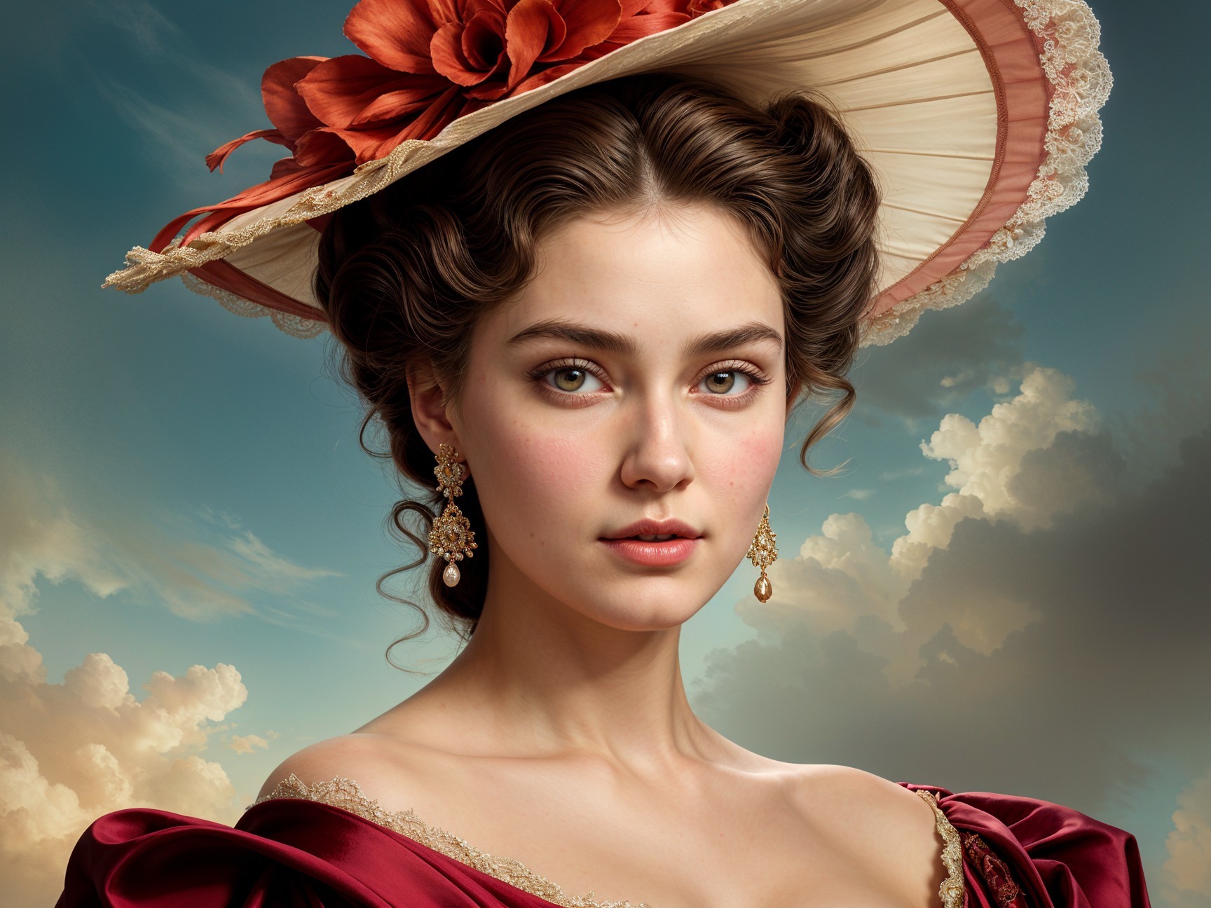Young woman in vintage red gown against dramatic sky