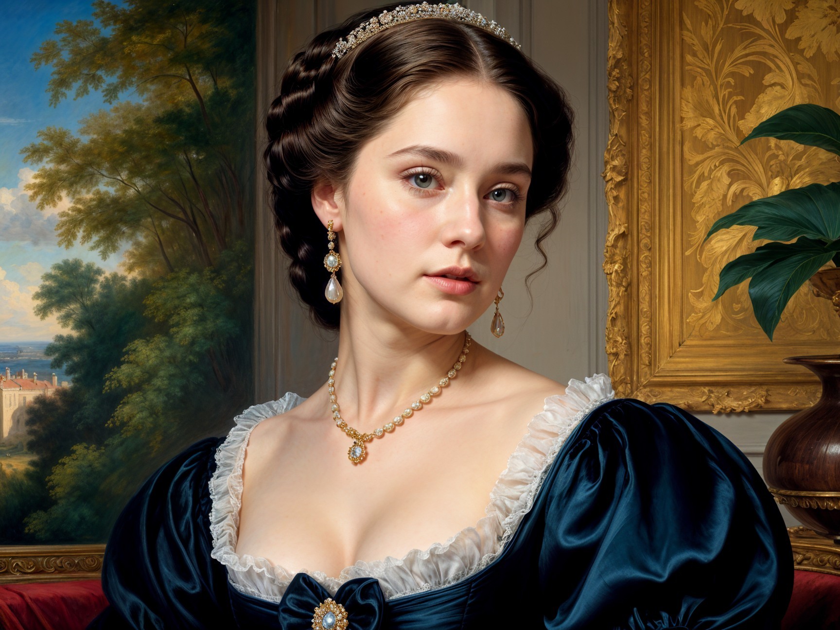 Portrait of a young woman in an elegant blue gown