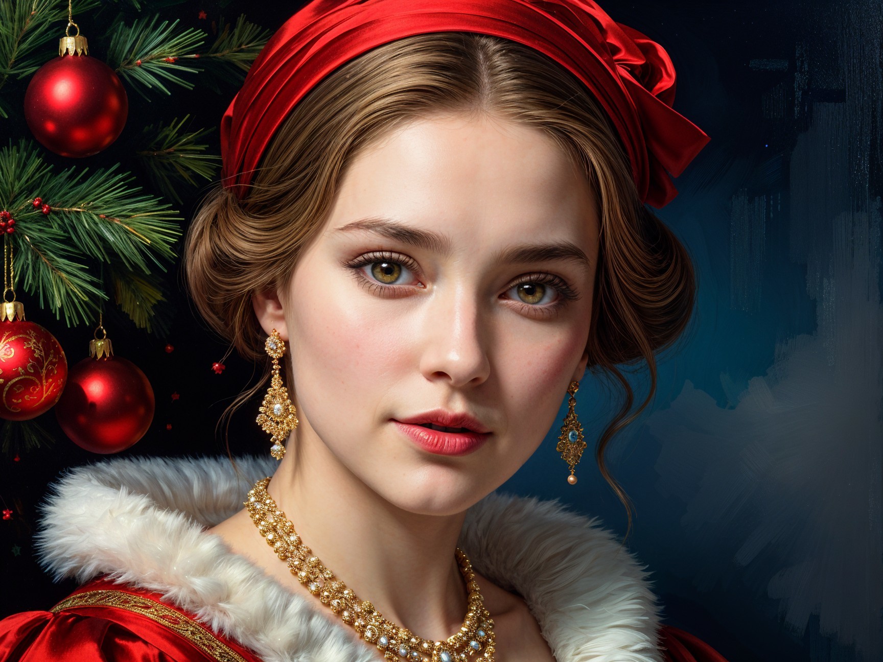 Young woman in red gown with festive holiday decor