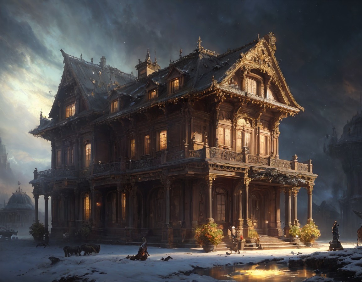 Victorian Mansion at Dusk with Wolves and Fire