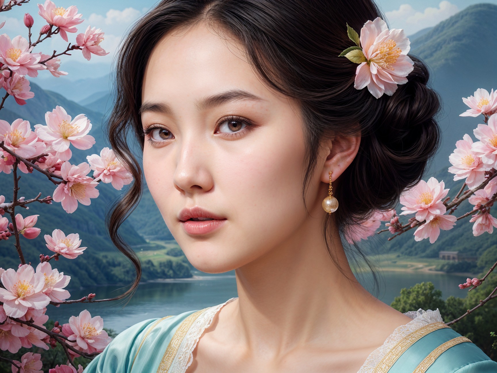 Elegant Woman with Cherry Blossoms and Mountains