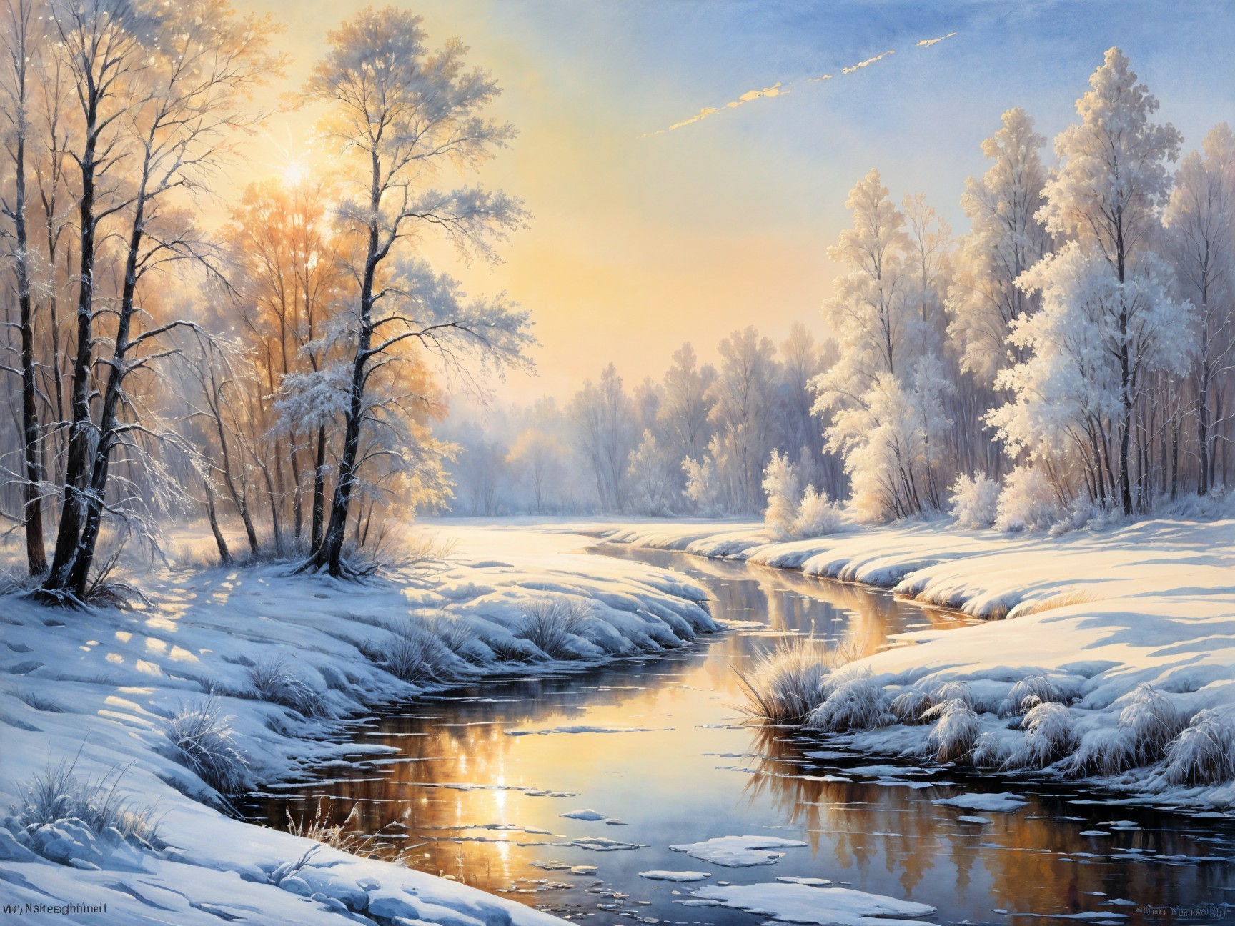 Serene Winter Landscape with River and Frosted Trees