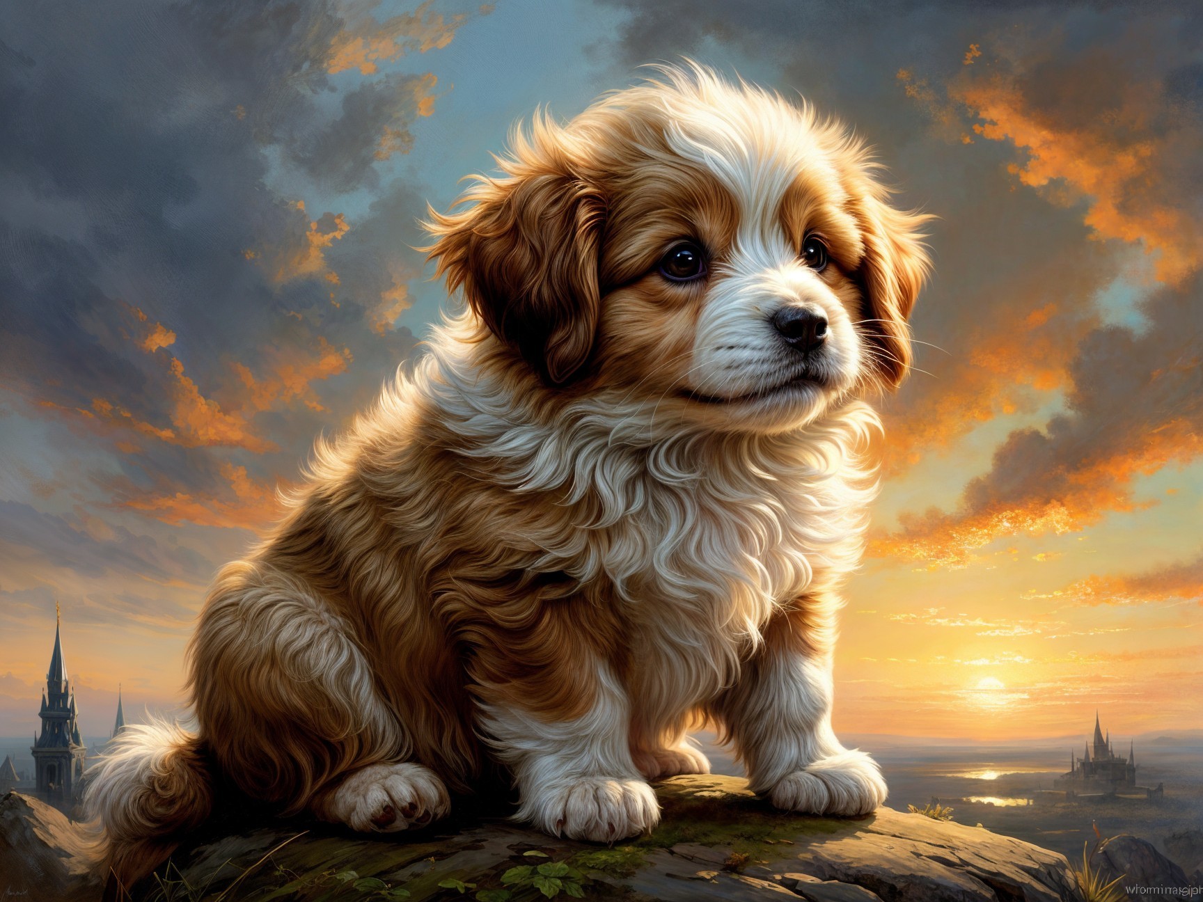 Fluffy Golden-Brown Puppy on Rock at Sunset
