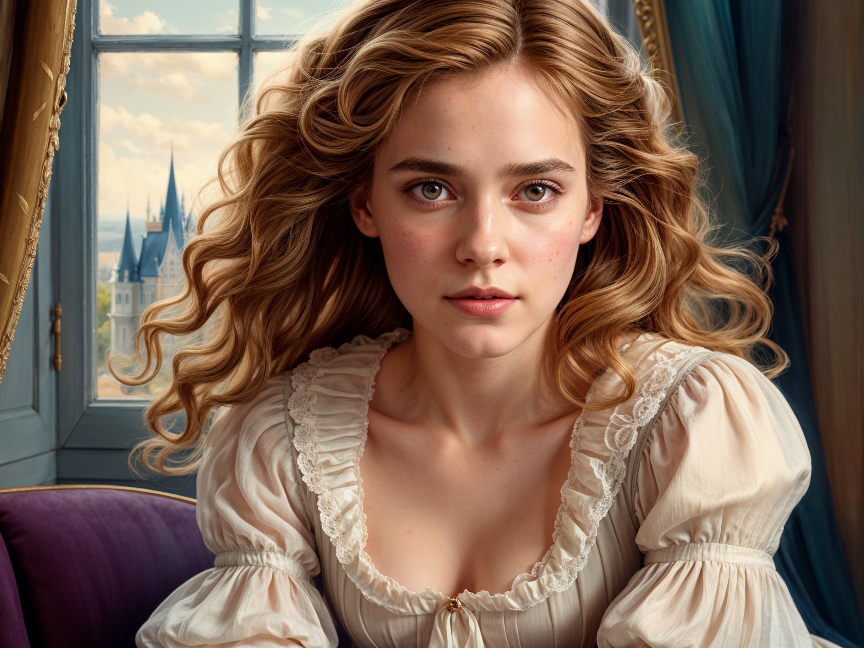 Young Woman in Vintage Blouse with Castle View