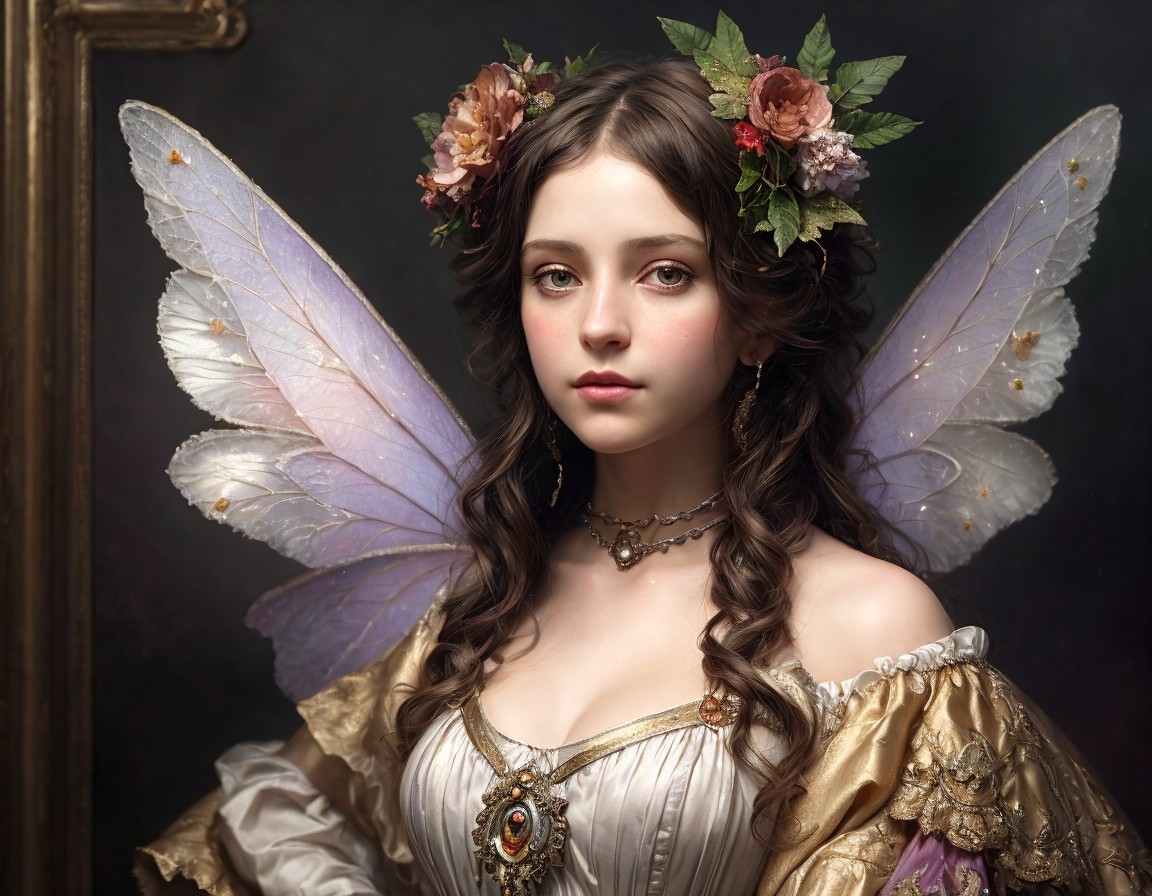Portrait of woman with fairy wings, floral crown, vintage dress, and ornate jewelry.