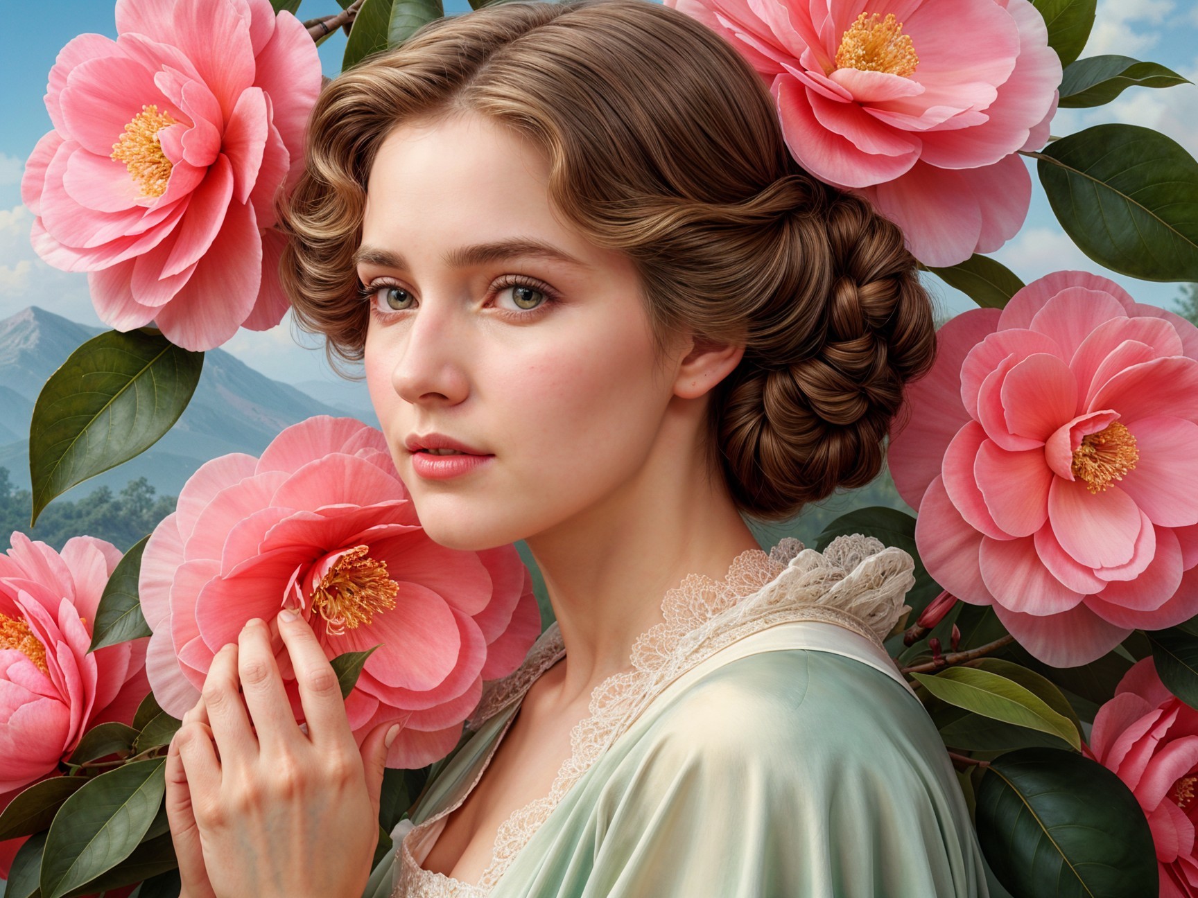 Young Woman Posing Among Pink Camellia Blossoms
