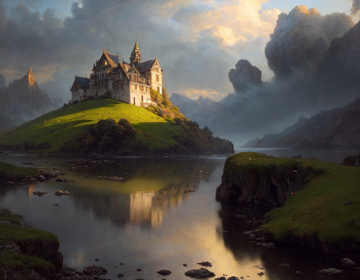 Castle on Hill Reflected in River Amidst Dramatic Landscape