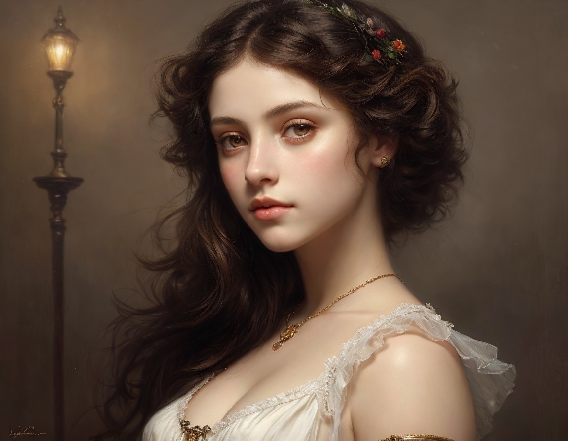 Portrait of a Young Woman by a Street Lamp