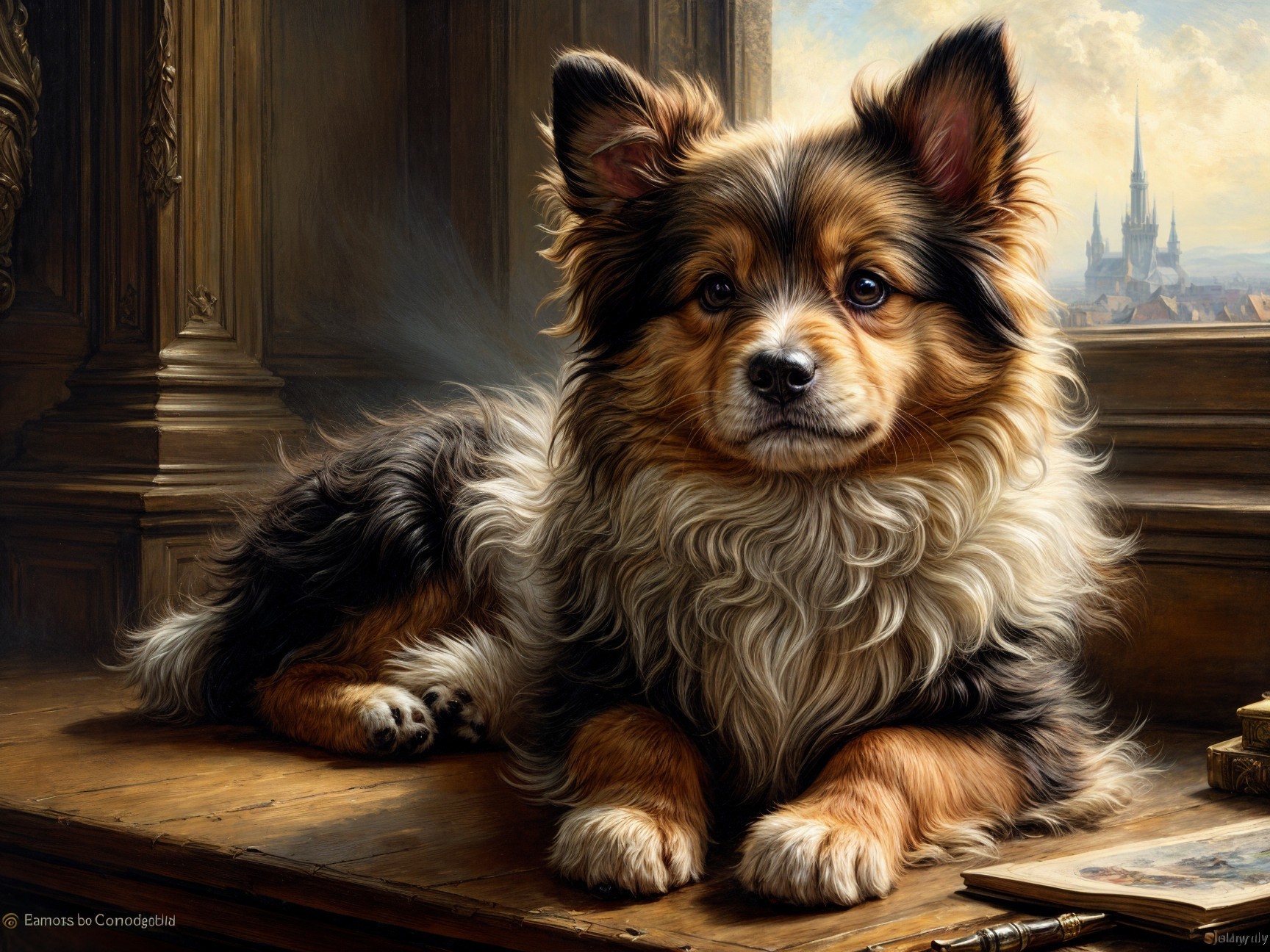 Tri-colored dog on wooden table in historic setting