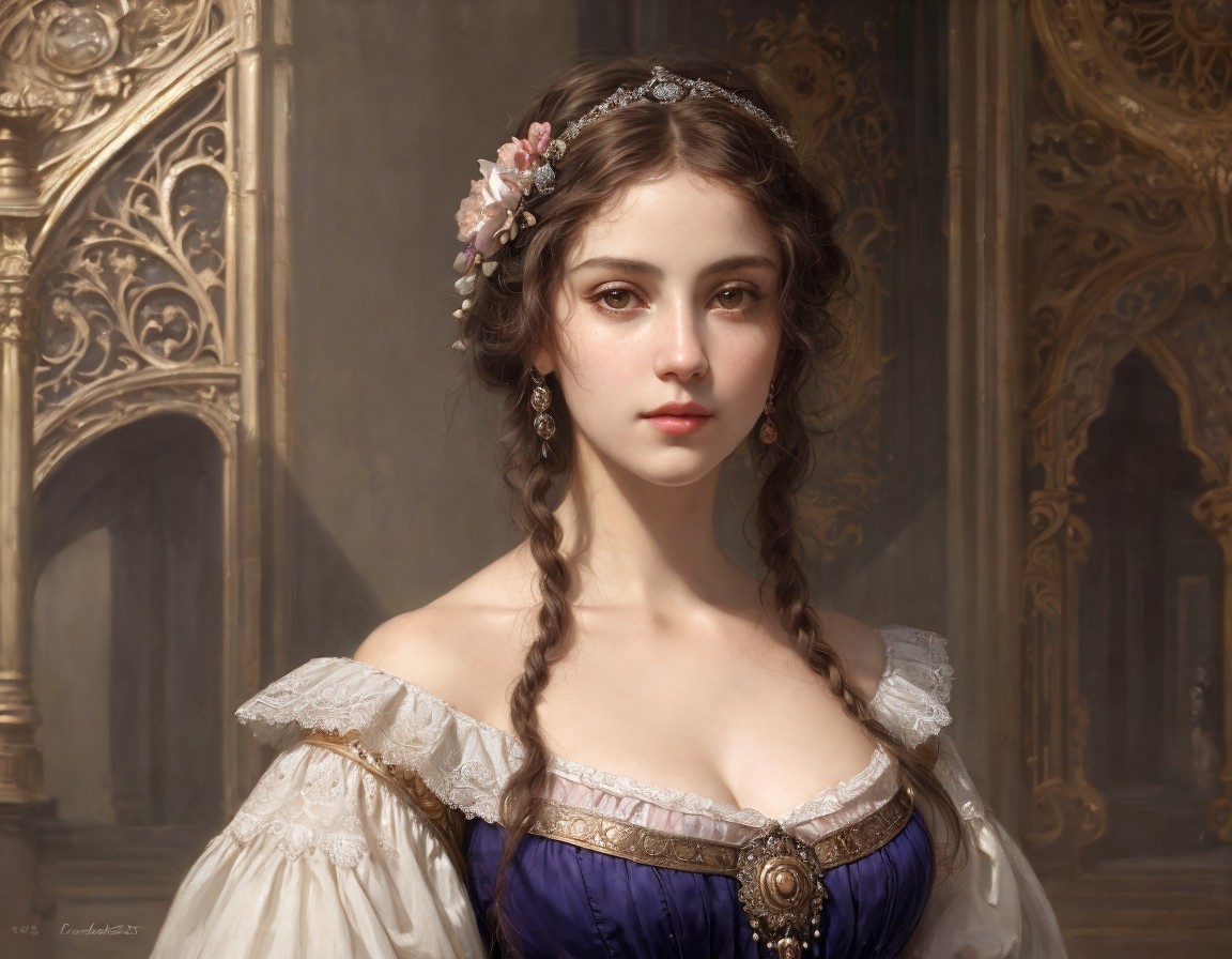 Elegant Young Woman in Vintage Purple Gown Portrait