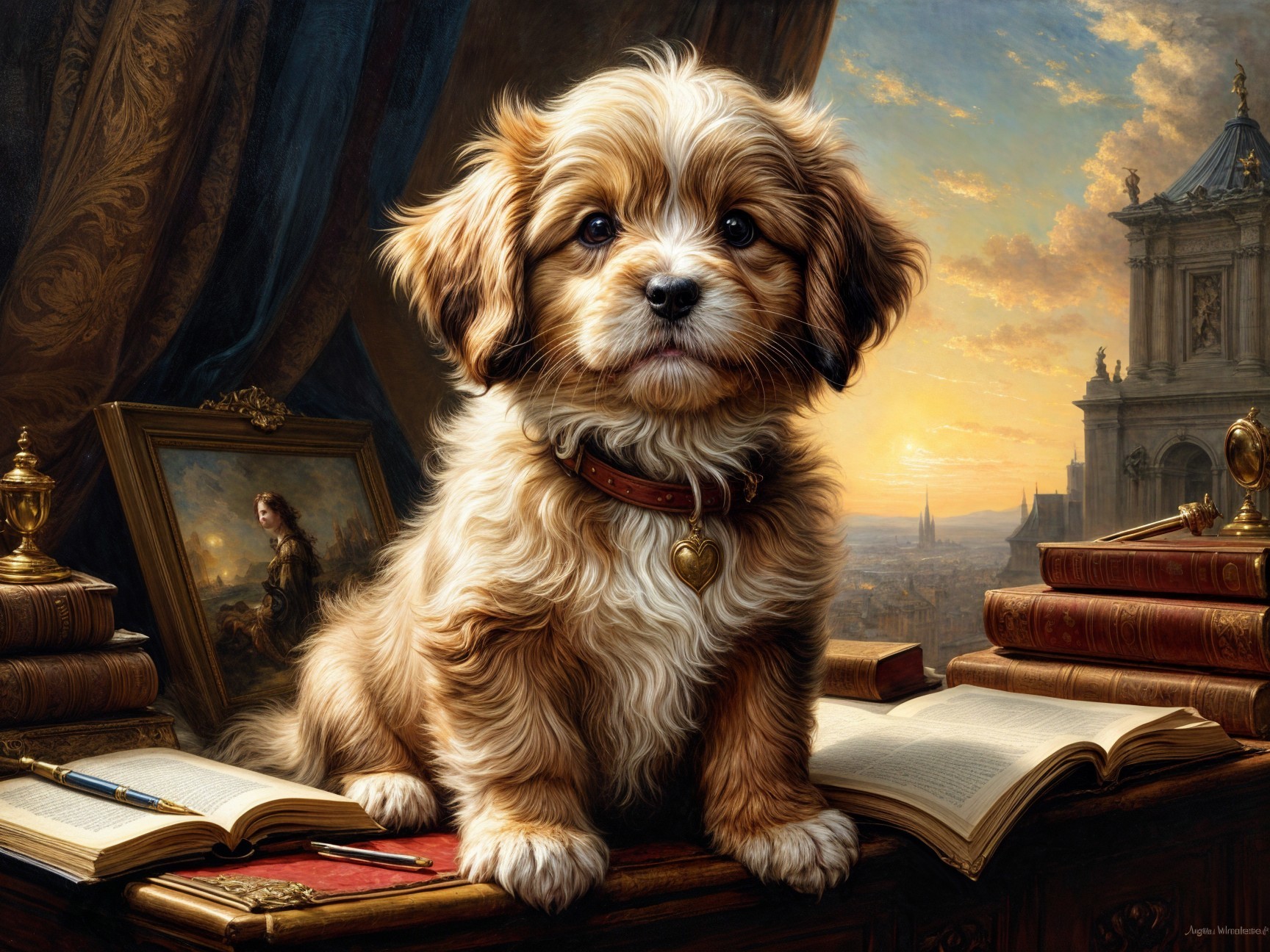 Fluffy Puppy on Books with Sunset Background