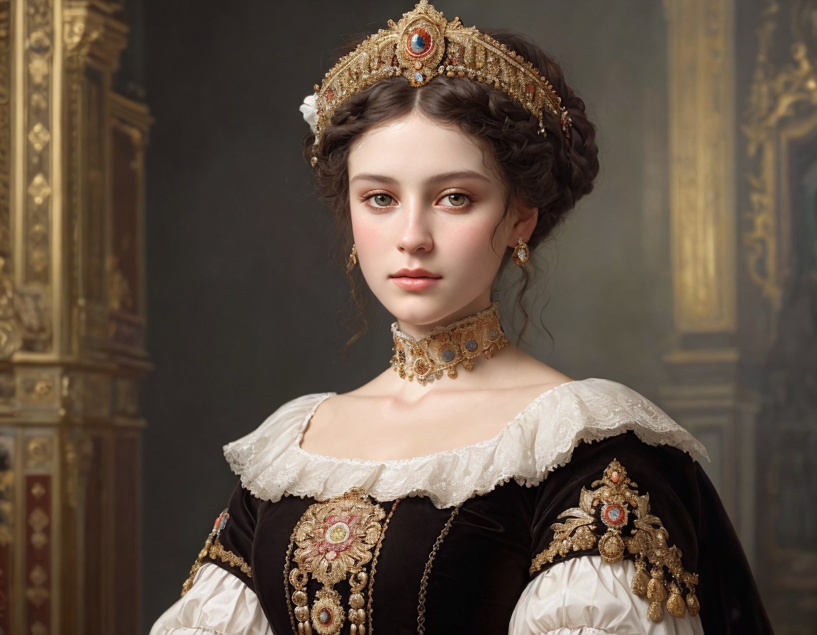 Elegant young woman in dark gown with gold detailing