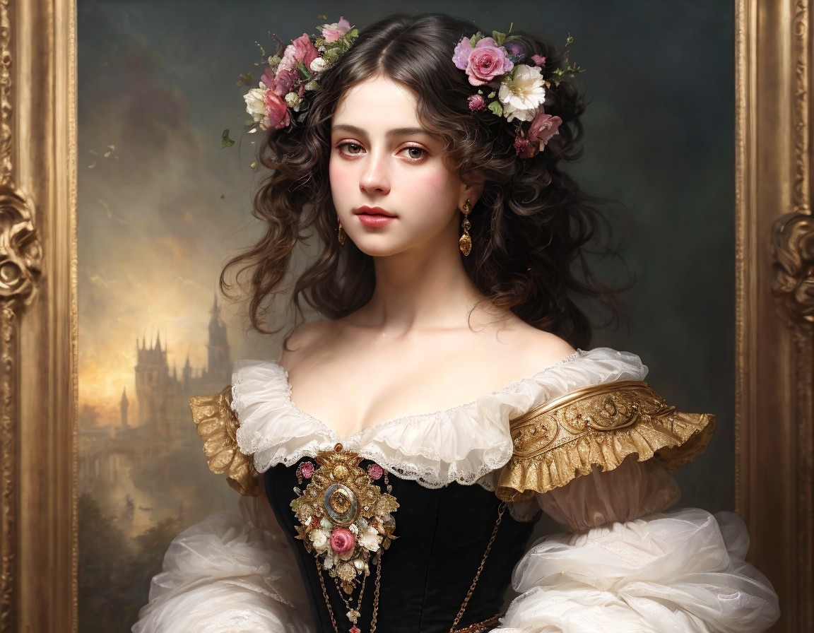 Young woman in floral crown and ornate dress against castle backdrop
