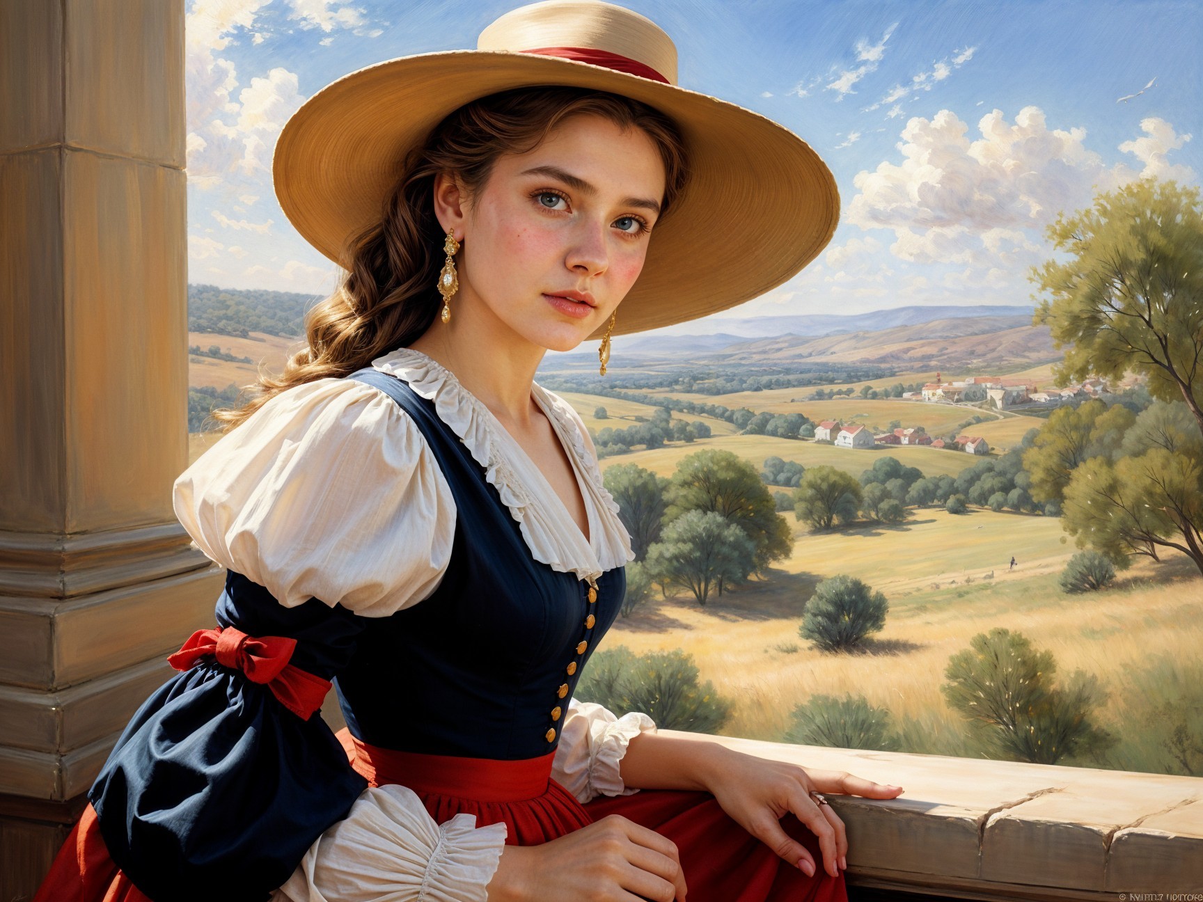 Young Woman in Vintage Dress by Scenic Window