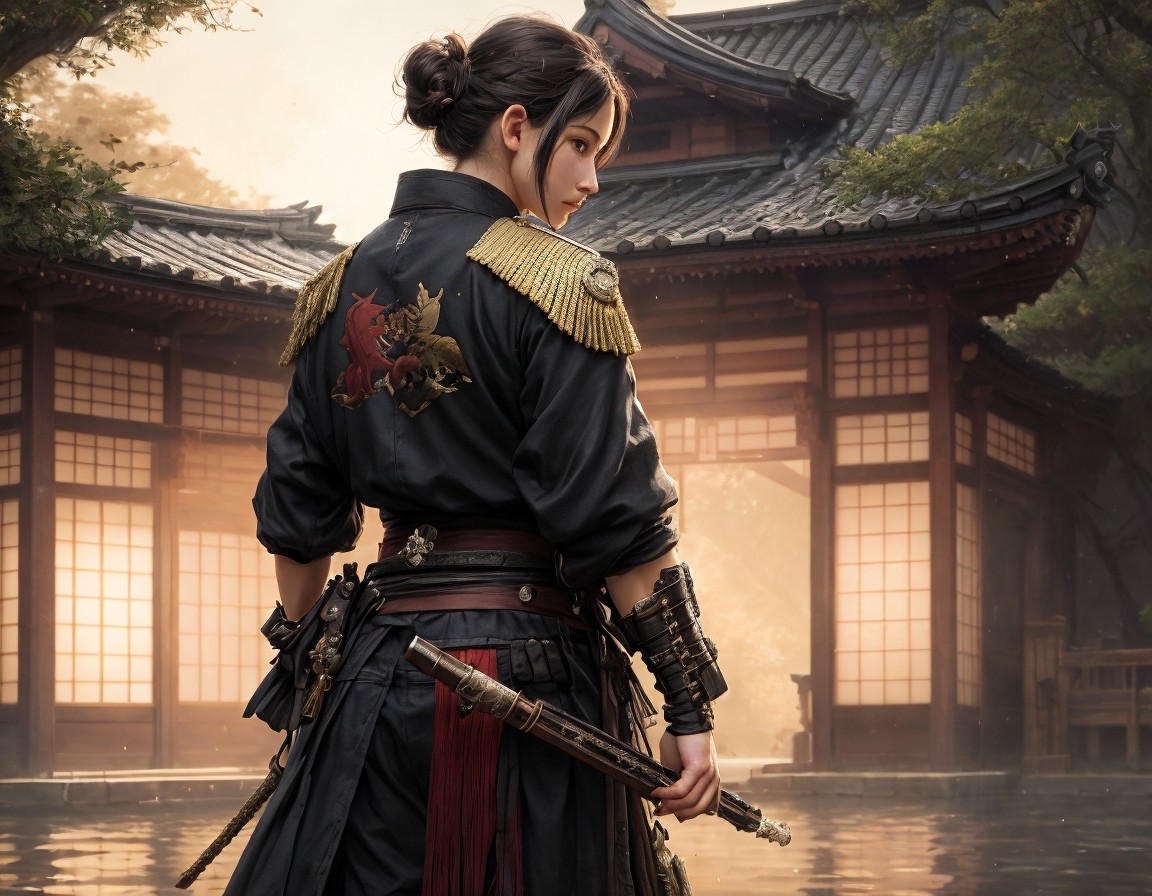 East Asian Warrior Attire Before Ancient Temple
