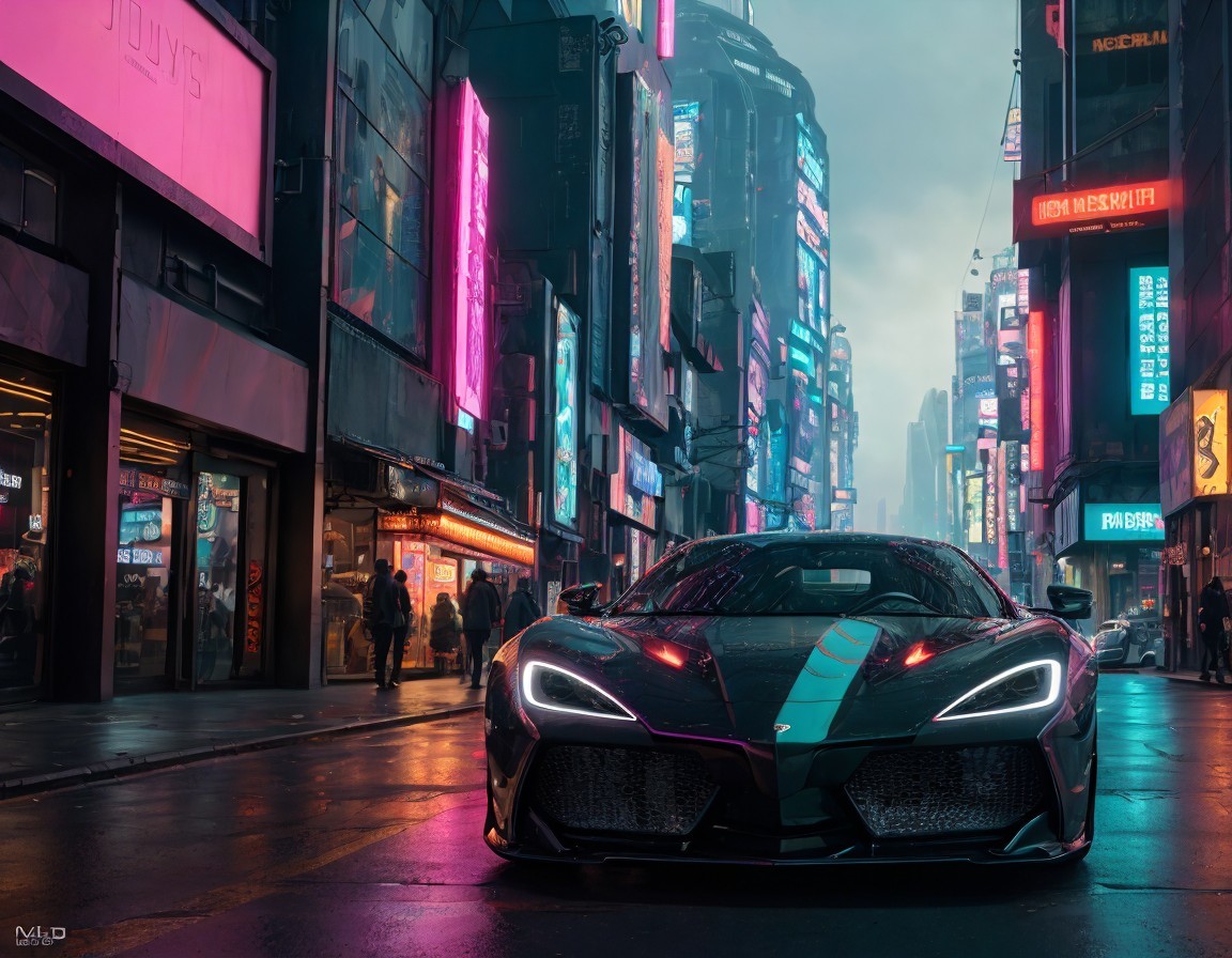 Black sports car with cyan stripe on wet street at dusk surrounded by neon billboards and pedestrians