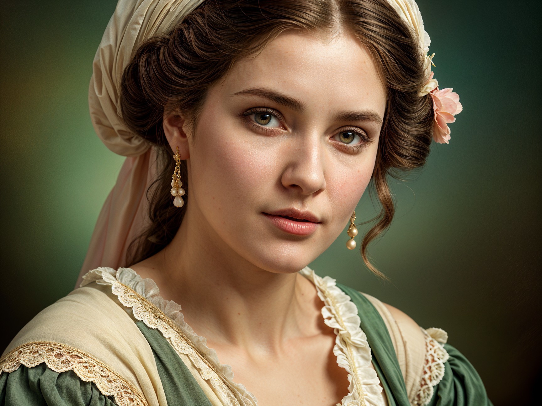 Young Woman in Historical Dress with Serene Expression