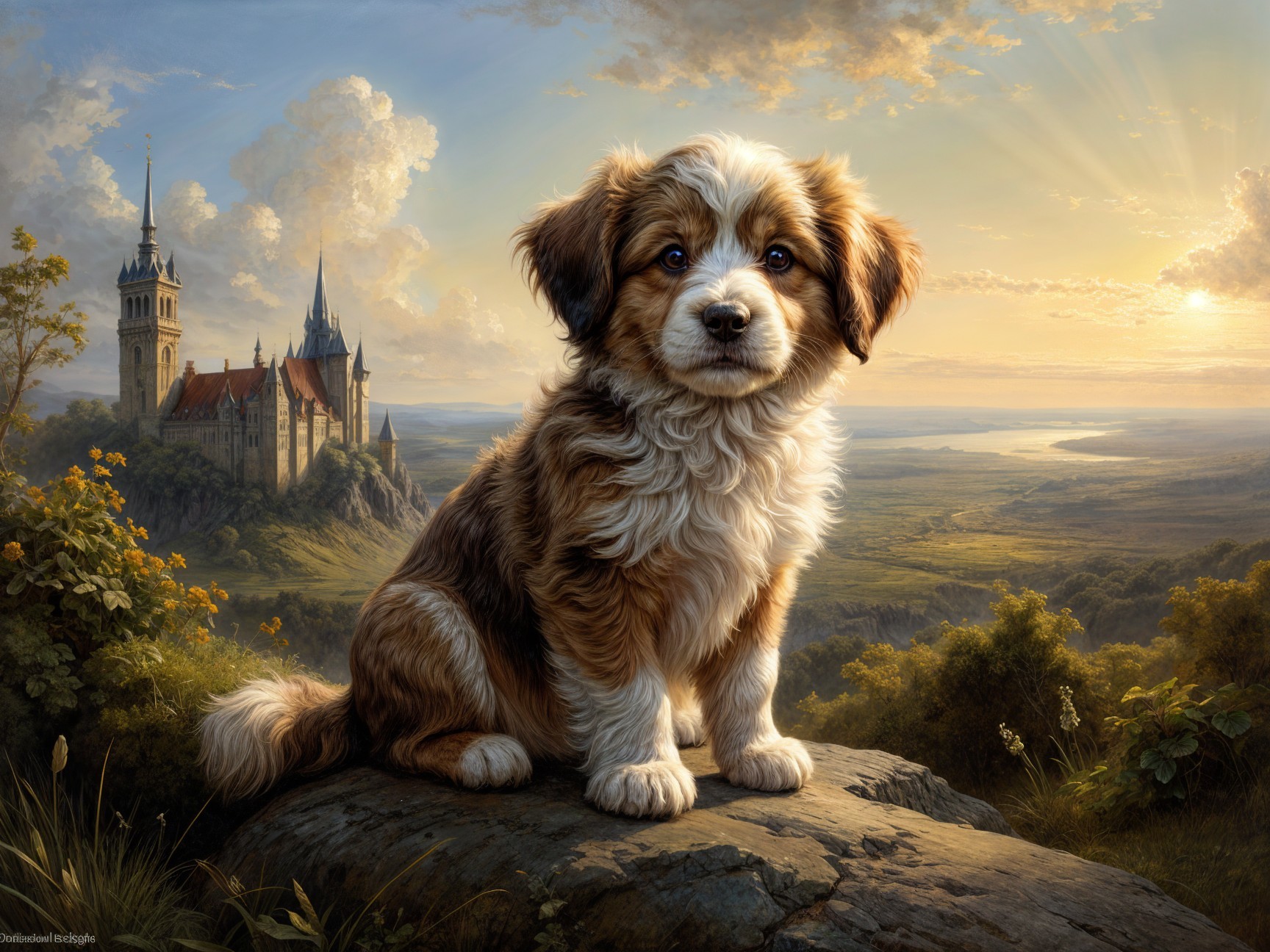 Fluffy Puppy on Rock with Castle and Lush Valley
