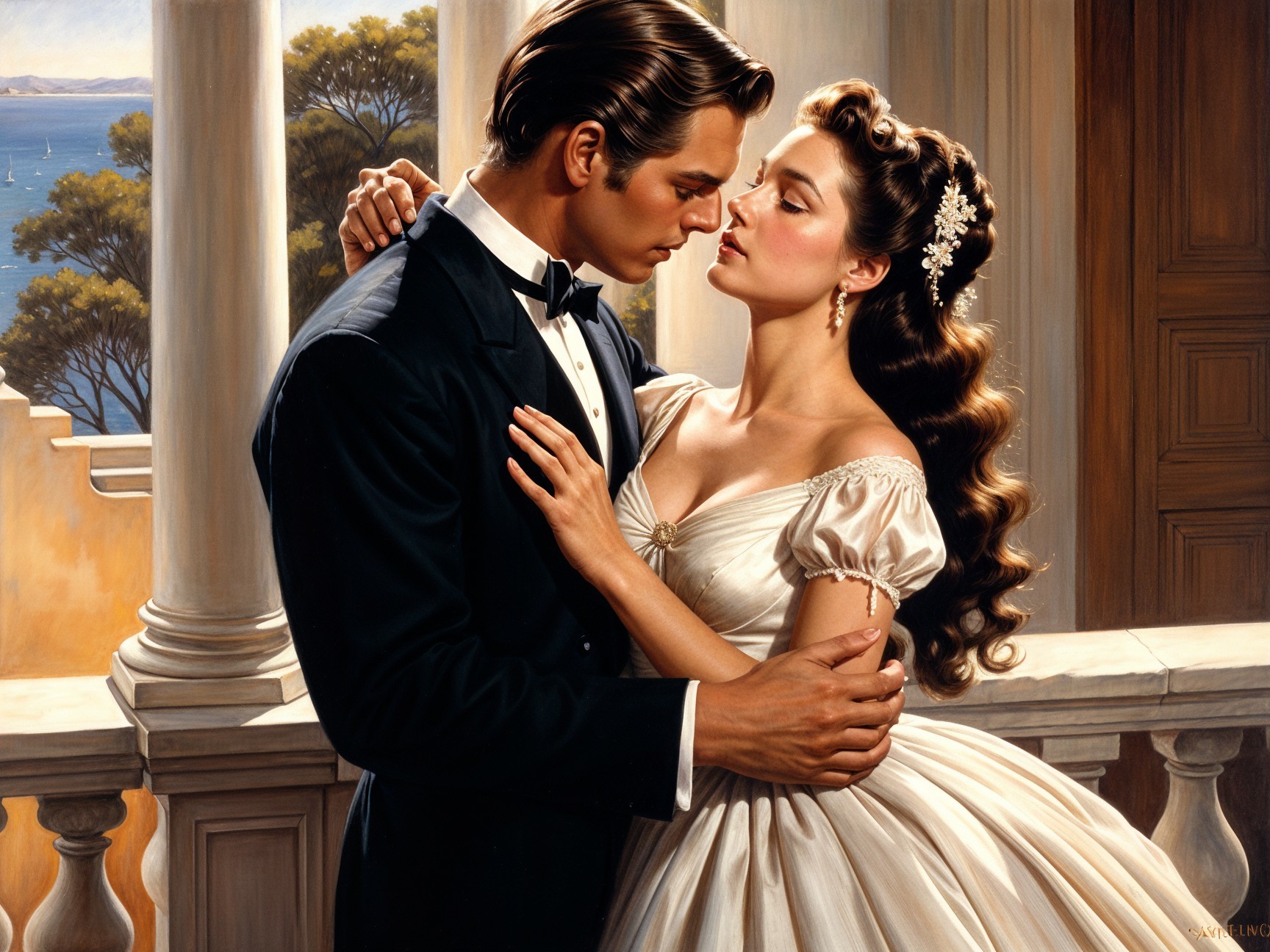 Couple in Romantic Embrace in Sunlit Landscape