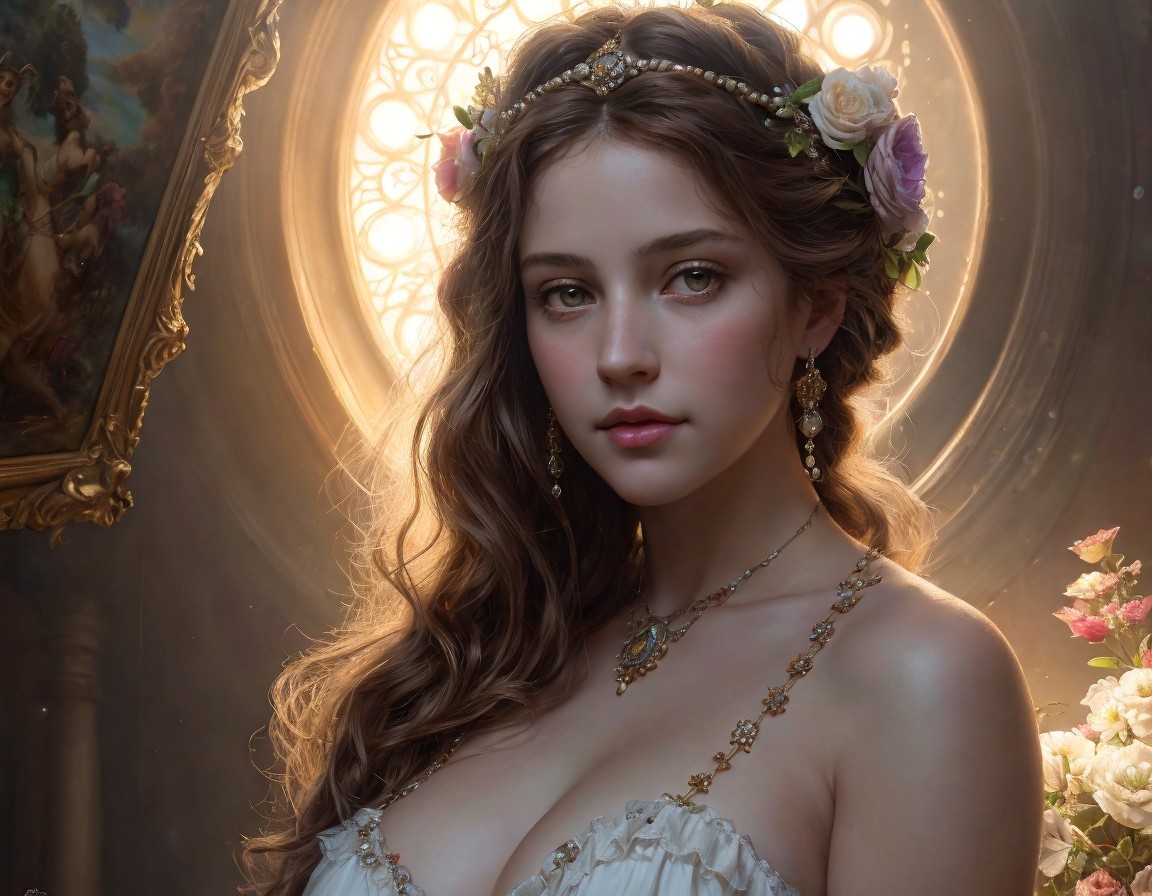Young Woman in White Dress Surrounded by Flowers