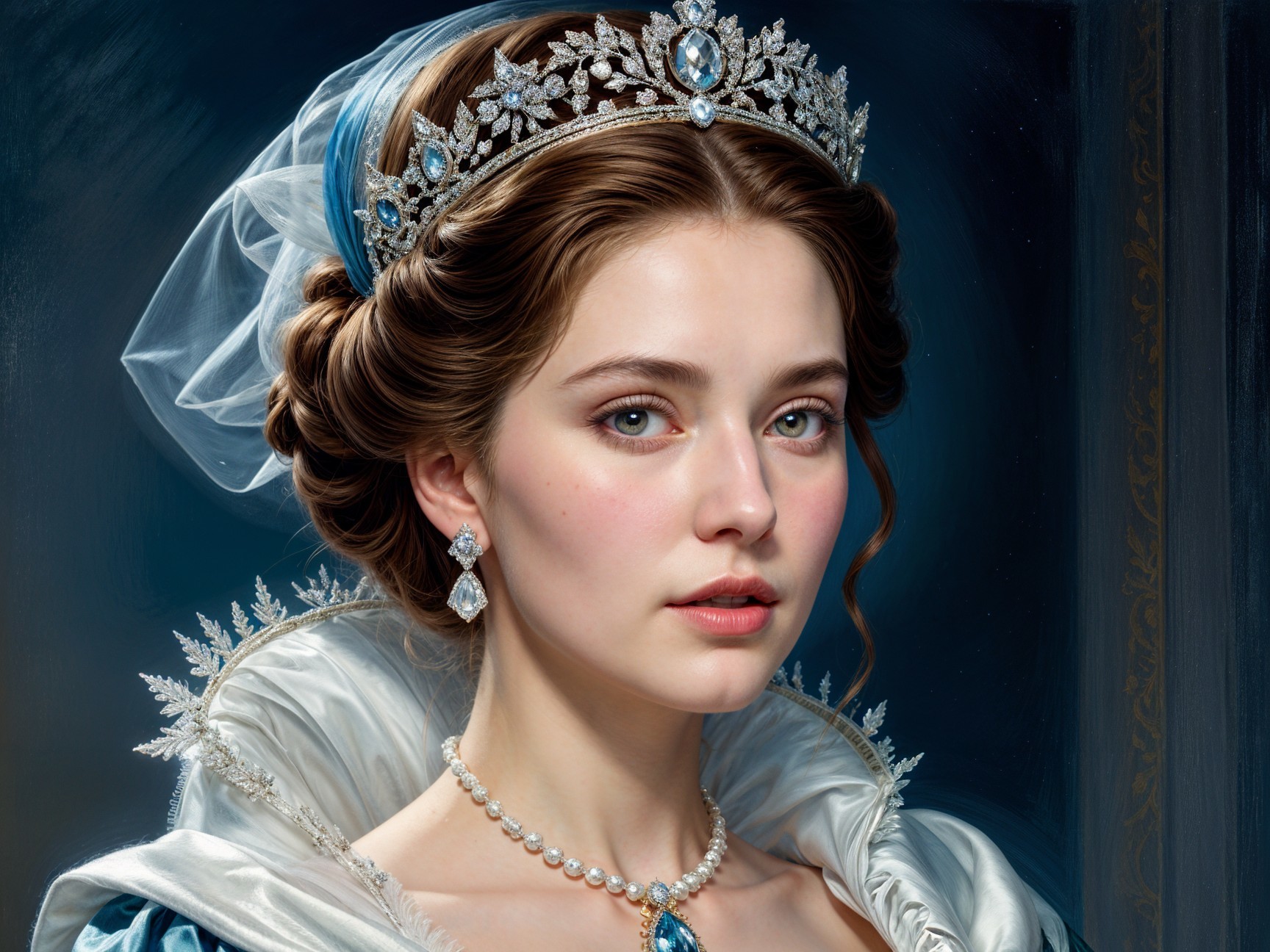 Elegant young woman in intricate gown with tiara