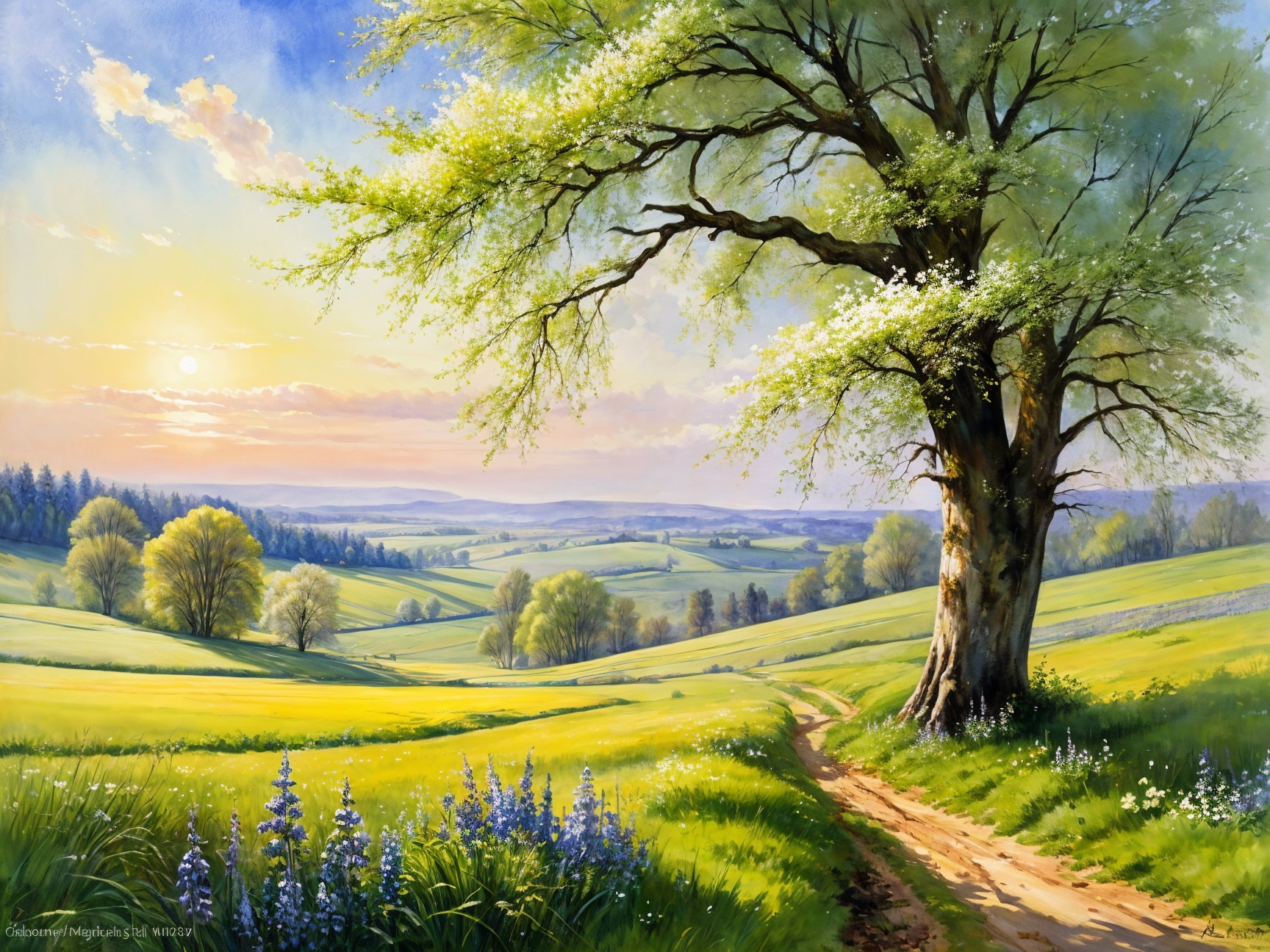 Serene landscape with sunset, tree, and blooming fields
