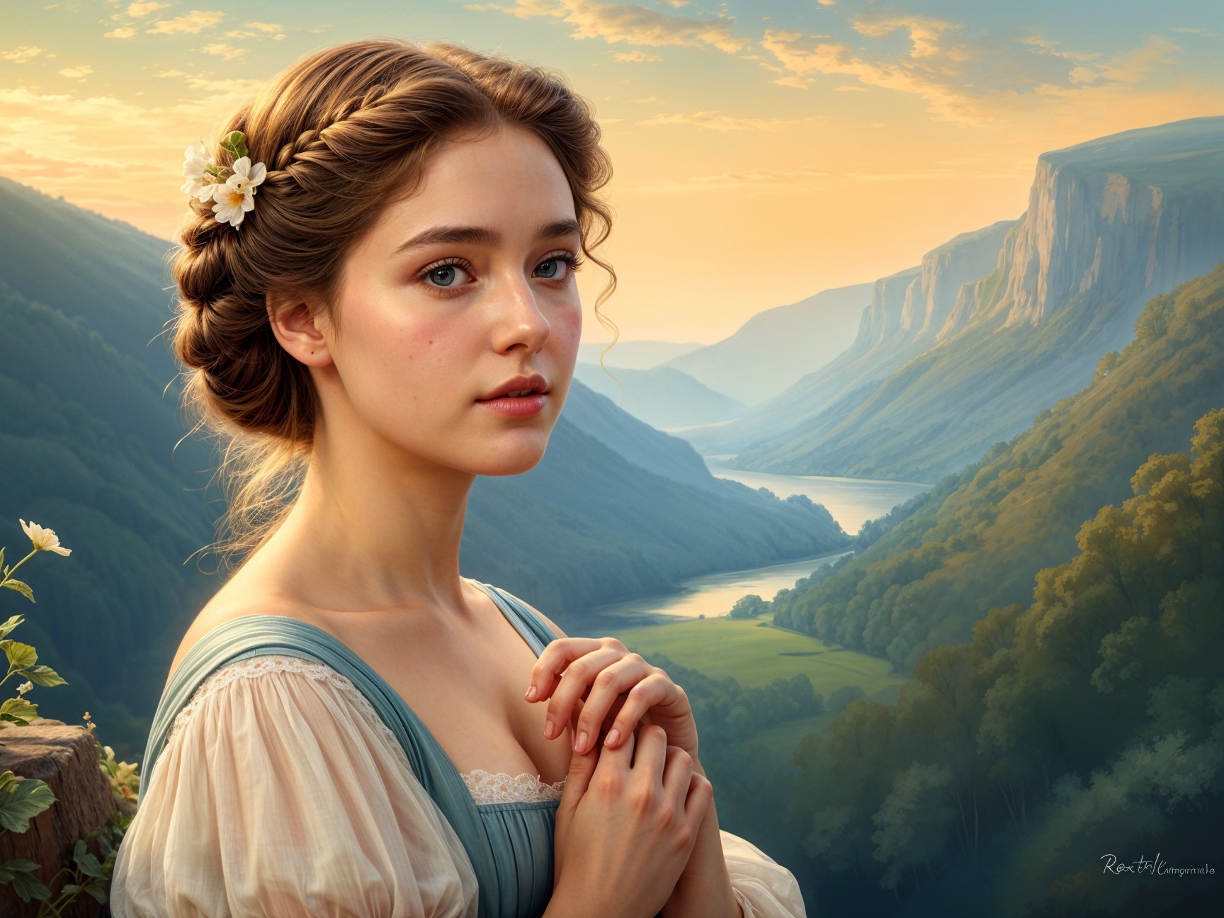 Serene young woman in a picturesque sunset landscape