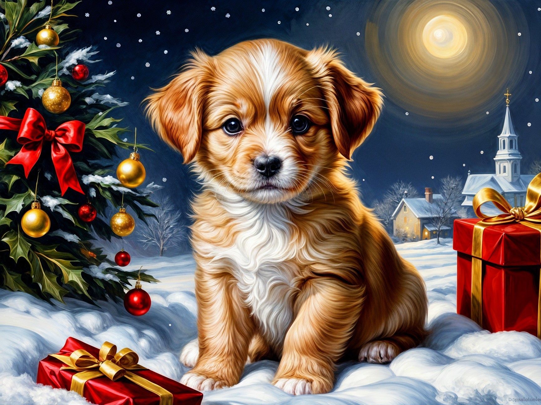 Fluffy Puppy in Festive Snowy Christmas Scene