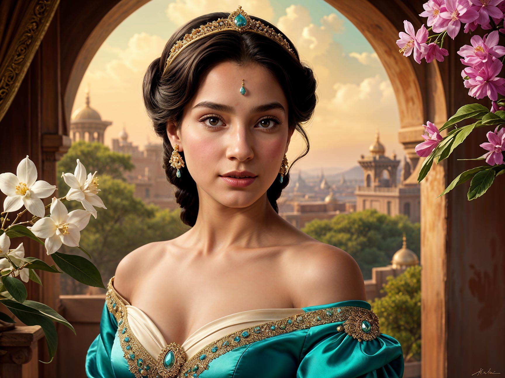 Young Woman in Turquoise Gown at Grand Palace