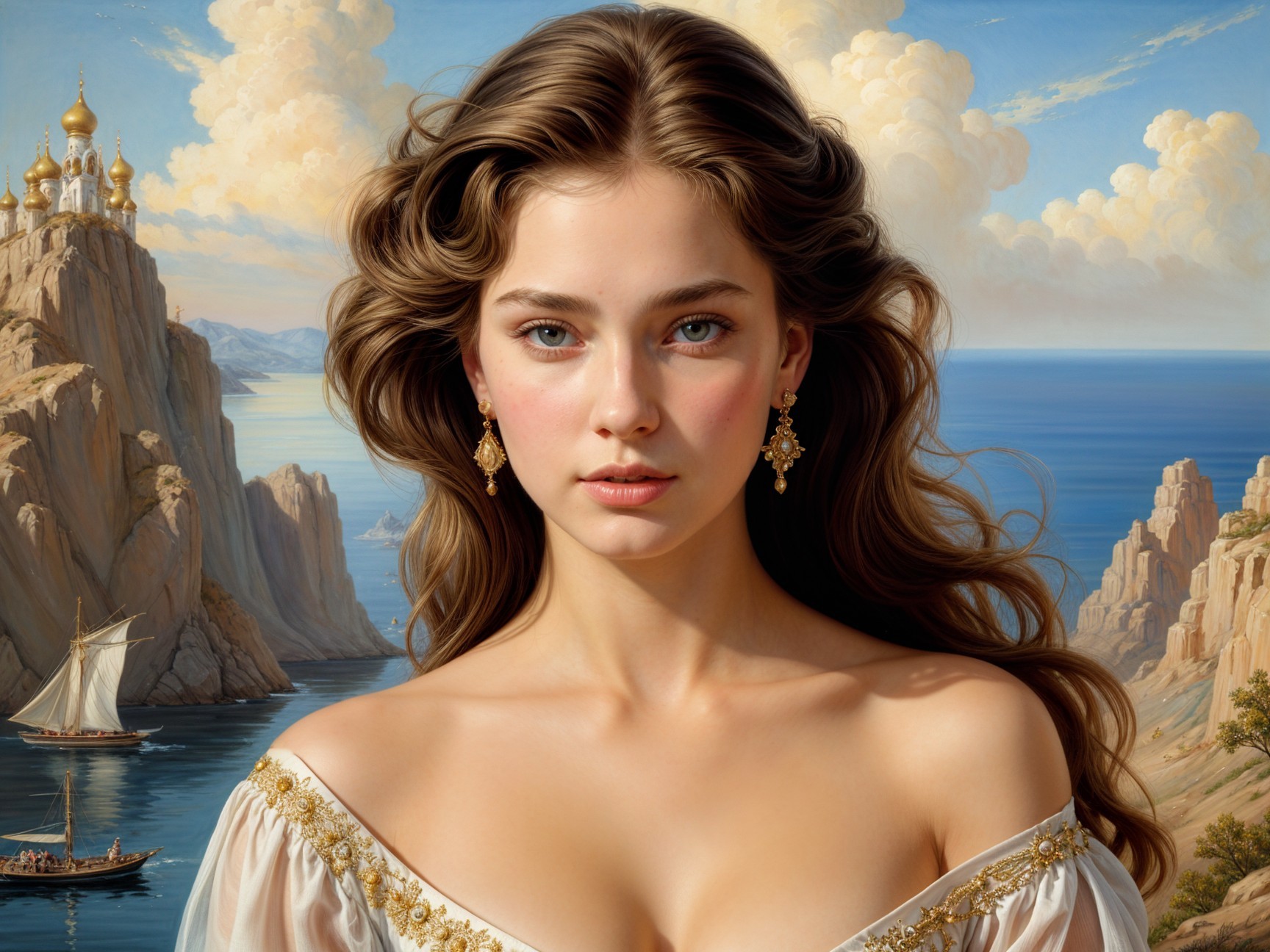 Young woman in elegant dress by cliffs and sea