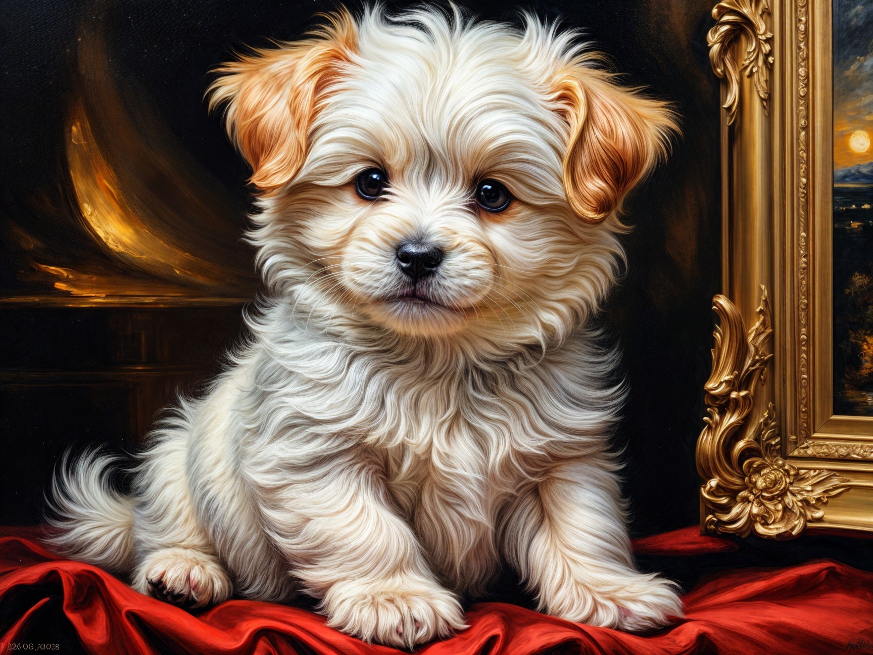 Fluffy Cream-Colored Puppy on Red Fabric Background